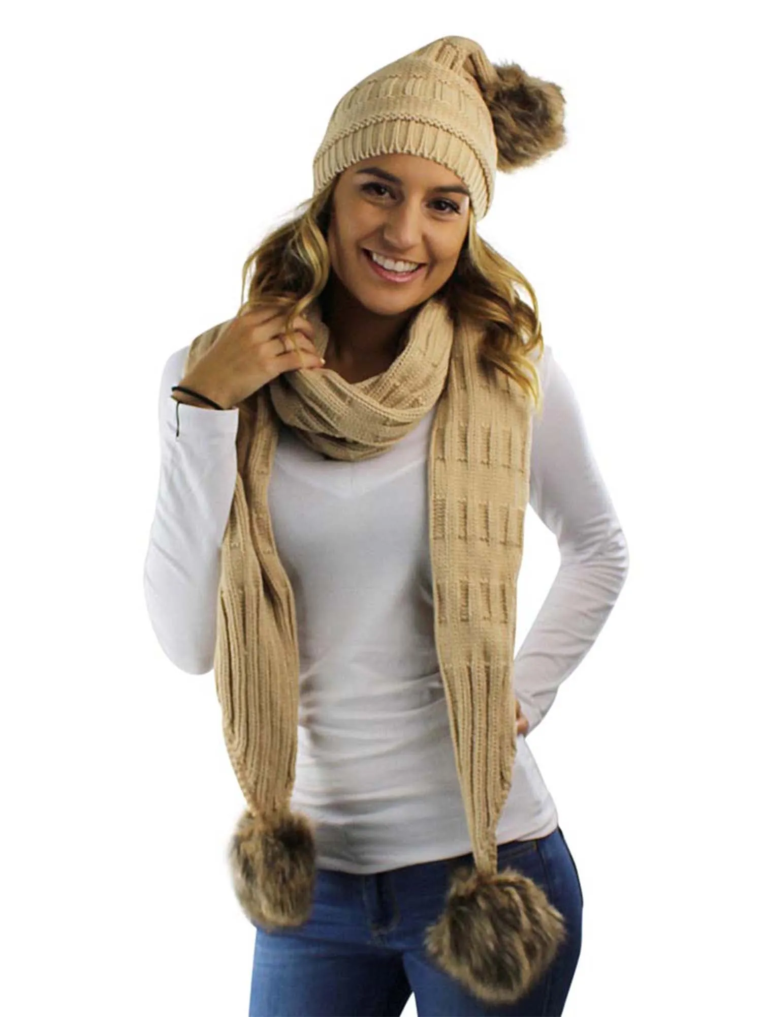 2-Piece Knit Slouchy Beanie Hat & Scarf Set With Fur Pom Poms