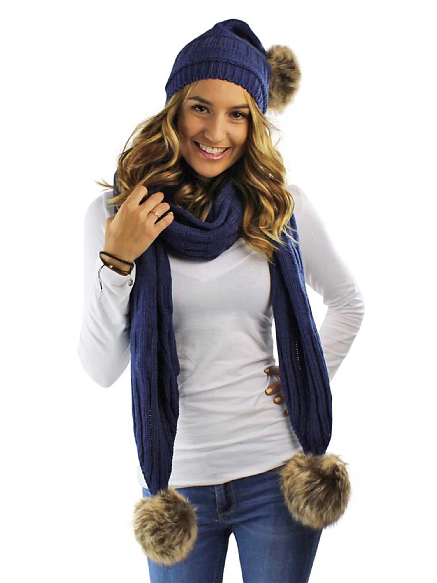 2-Piece Knit Slouchy Beanie Hat & Scarf Set With Fur Pom Poms