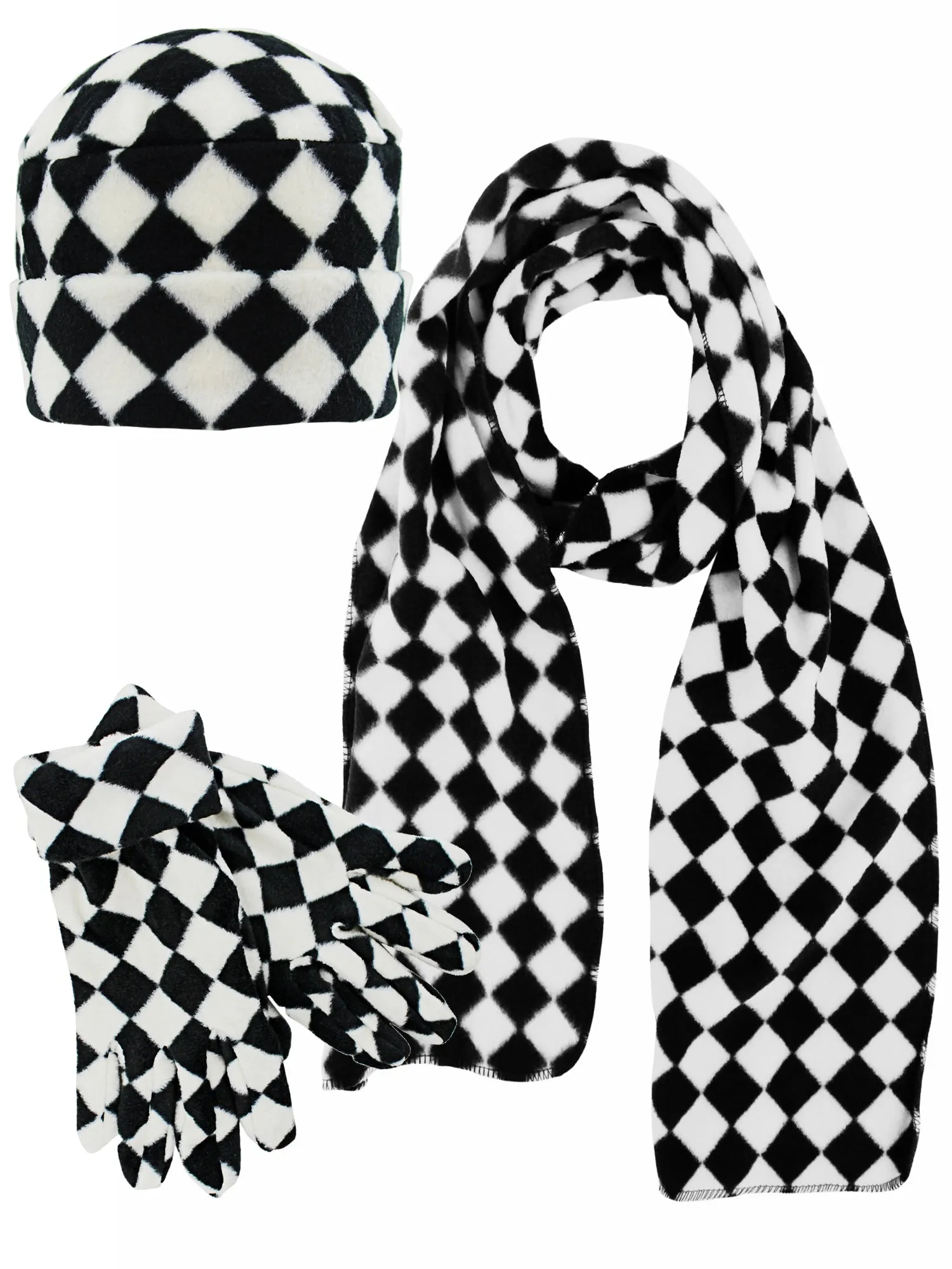 Black and White Checkered Fleece Hat Scarf Gloves Set