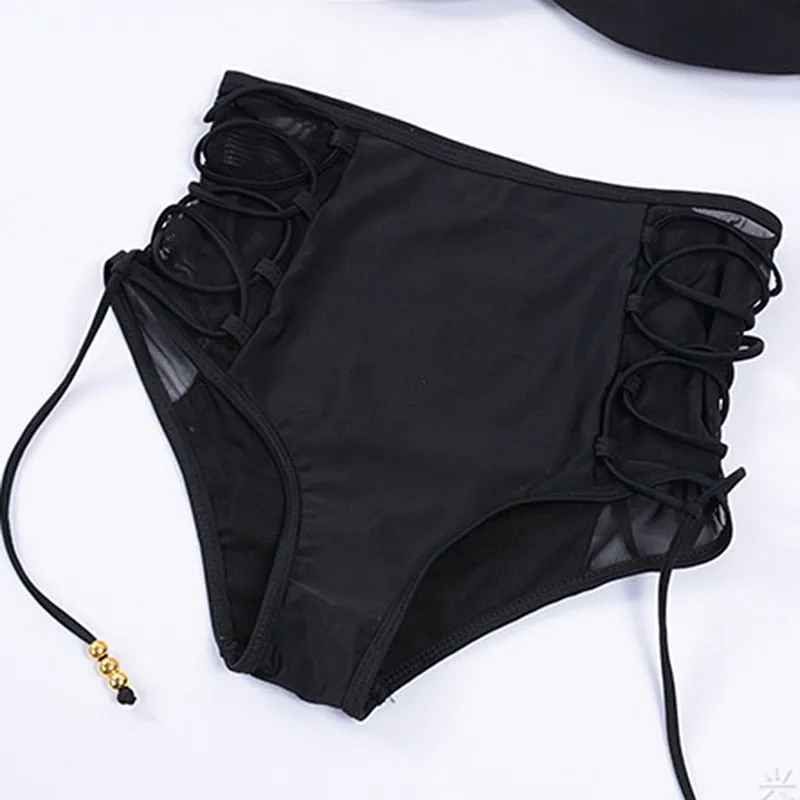 Black Lace Mesh Padded Push Up High Waist Bikini Set Swimsuit