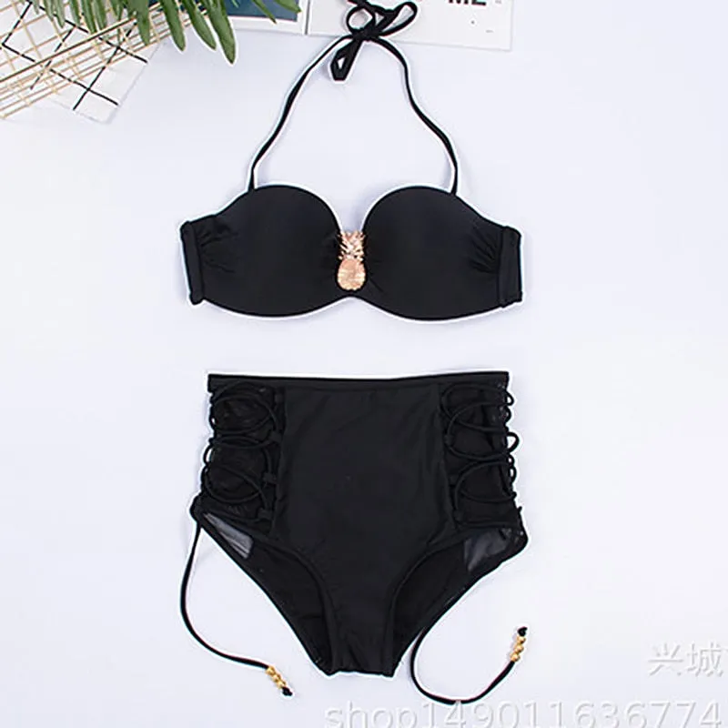 Black Lace Mesh Padded Push Up High Waist Bikini Set Swimsuit