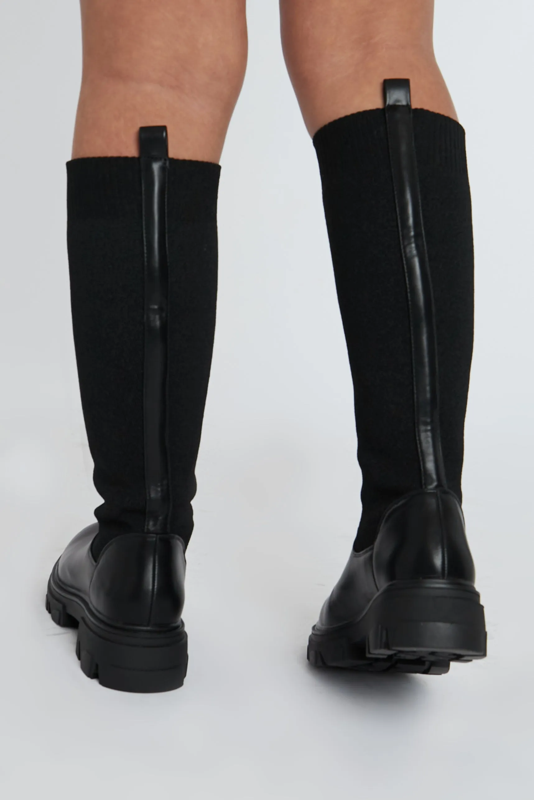 Black PU Faux Leather Flyknit Knee High Boots - Mina