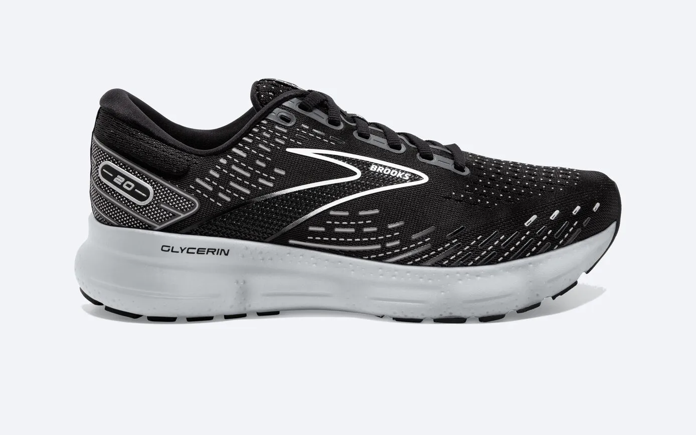 Brooks Mens Glycerin 20 Athletic Shoes- Black/White/Alloy