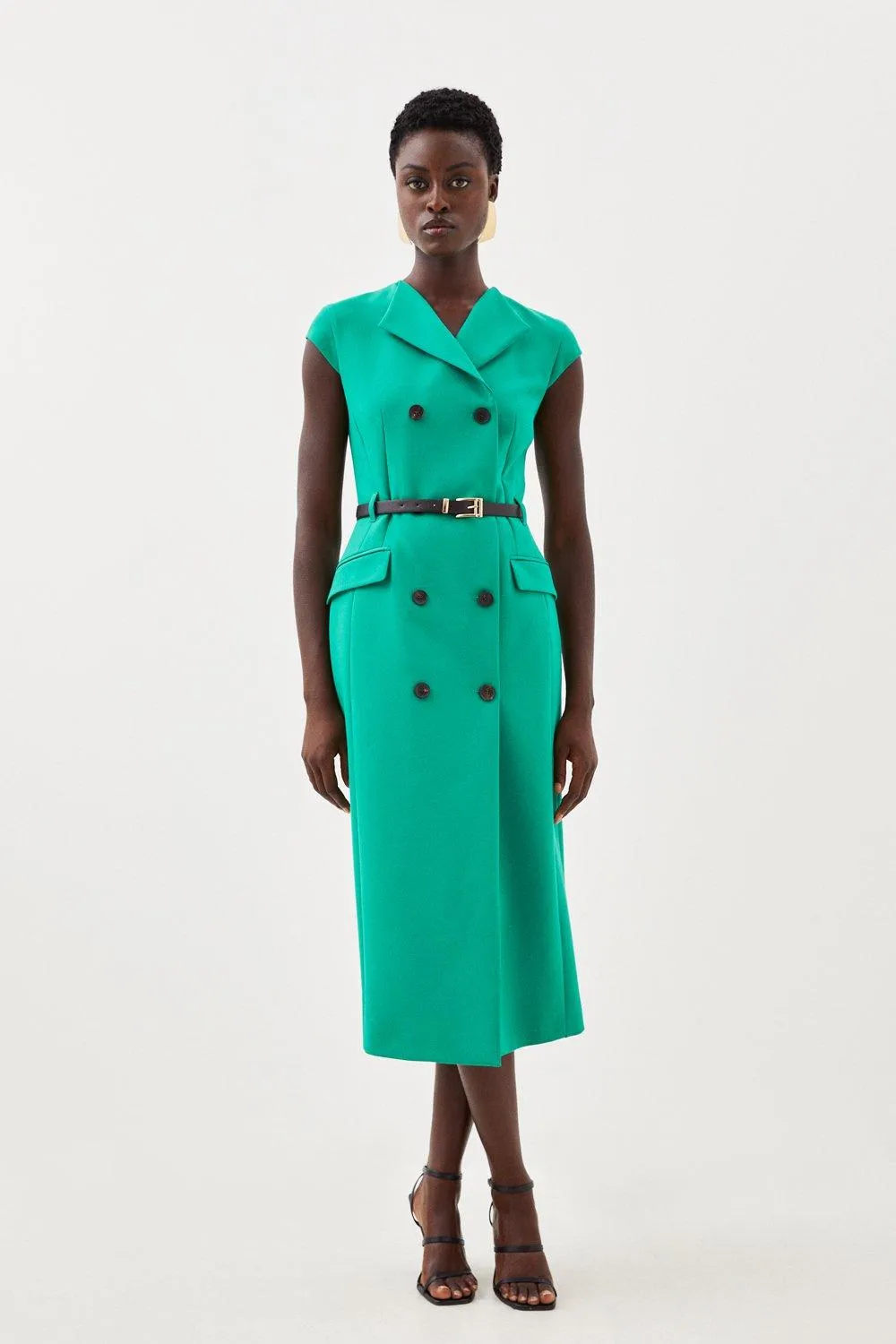 Clean Tailored Cap Sleeve Belted Midi Dress | Karen Millen