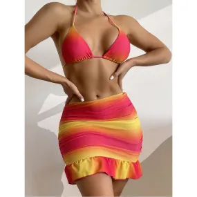 Colorful Printed Padded Wirefree Low Waist Three-Piece Swimsuit for Women