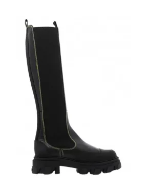 Combat Contrast Stitch Long Chelsea Boots Black