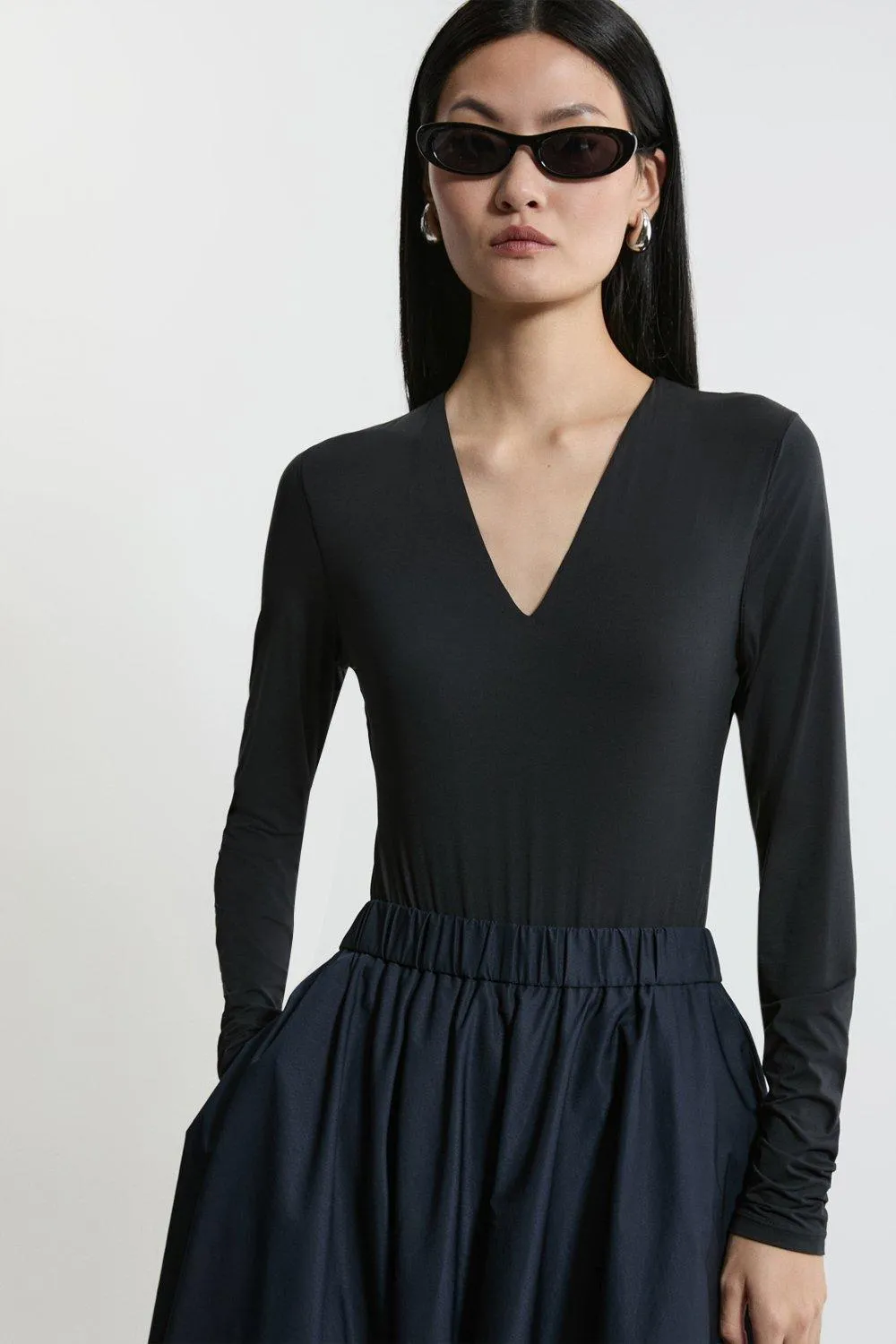 Contour Jersey Long Sleeve Plunge Bodysuit | Karen Millen