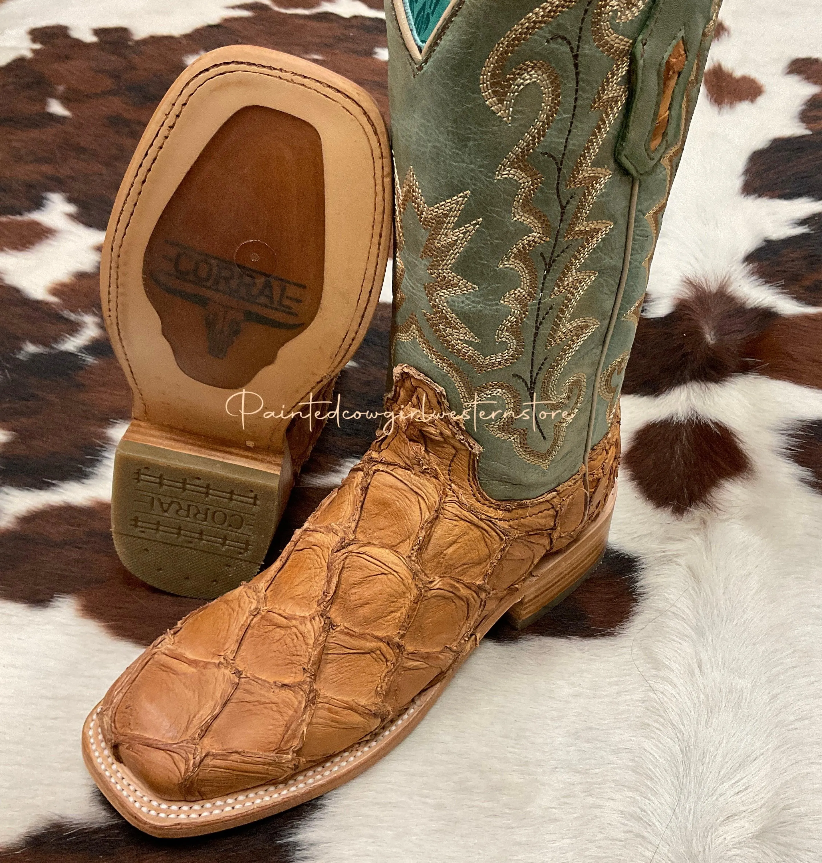 Corral Women's Cognac/Turquoise Fish Pirarucu Big Bass Square Toe Boots A4203