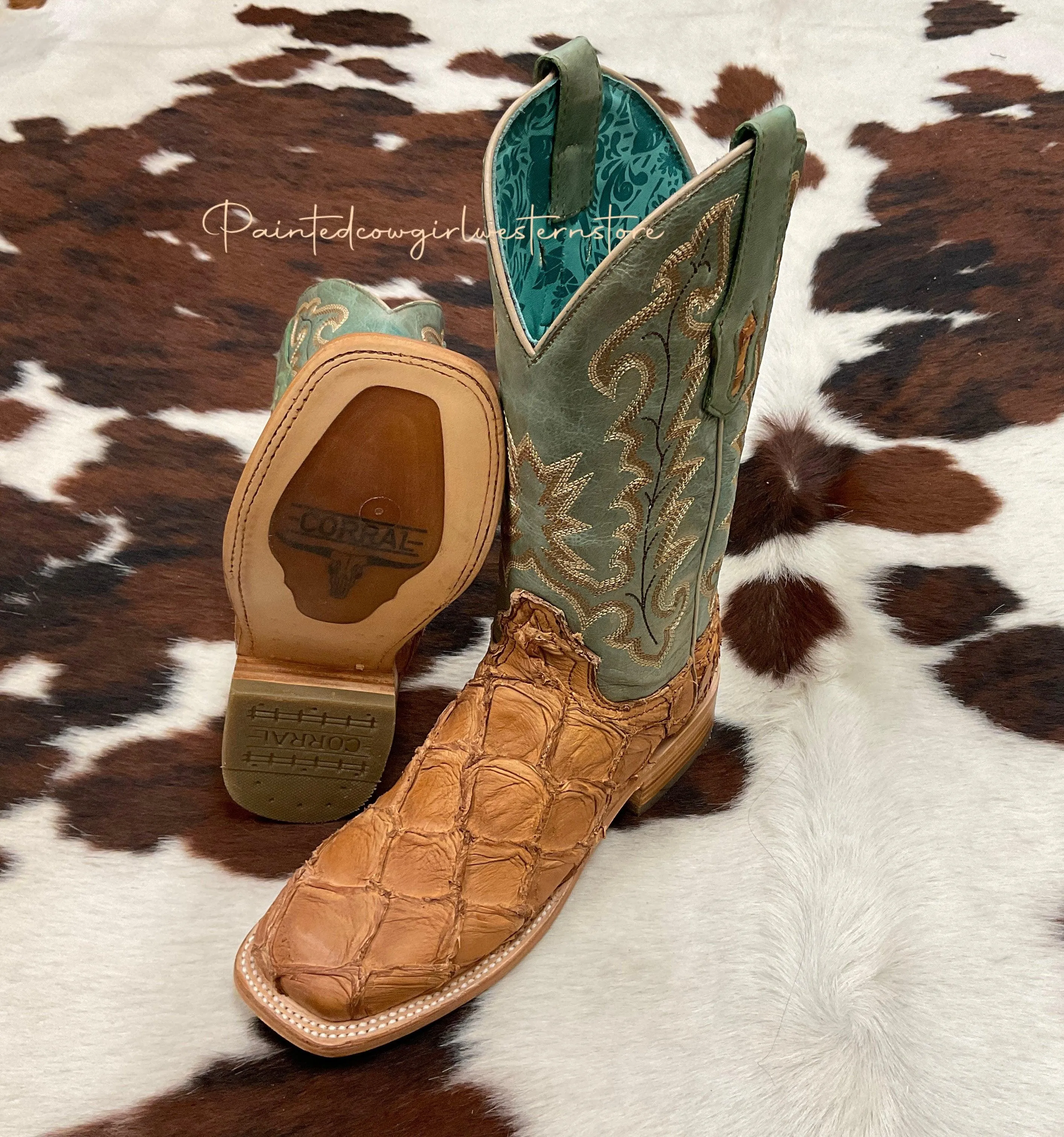 Corral Women's Cognac/Turquoise Fish Pirarucu Big Bass Square Toe Boots A4203