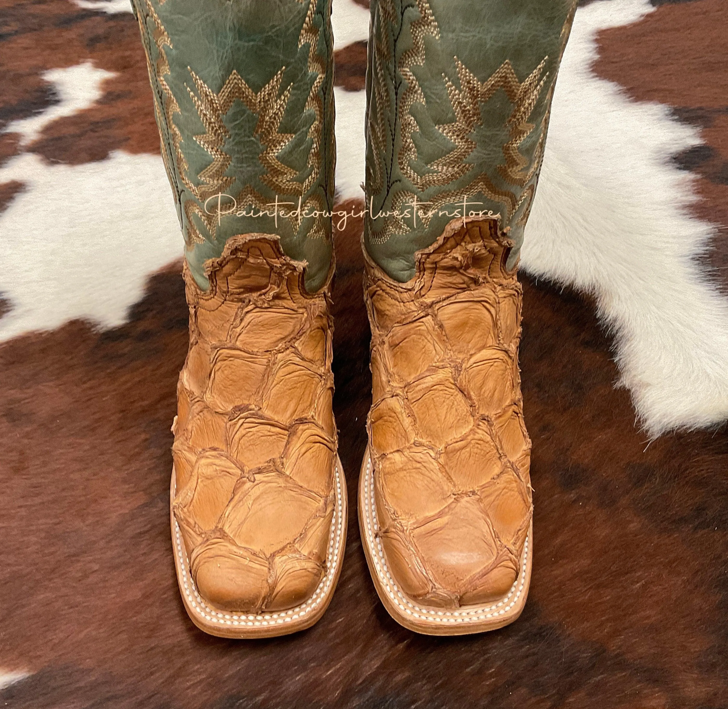 Corral Women's Cognac/Turquoise Fish Pirarucu Big Bass Square Toe Boots A4203