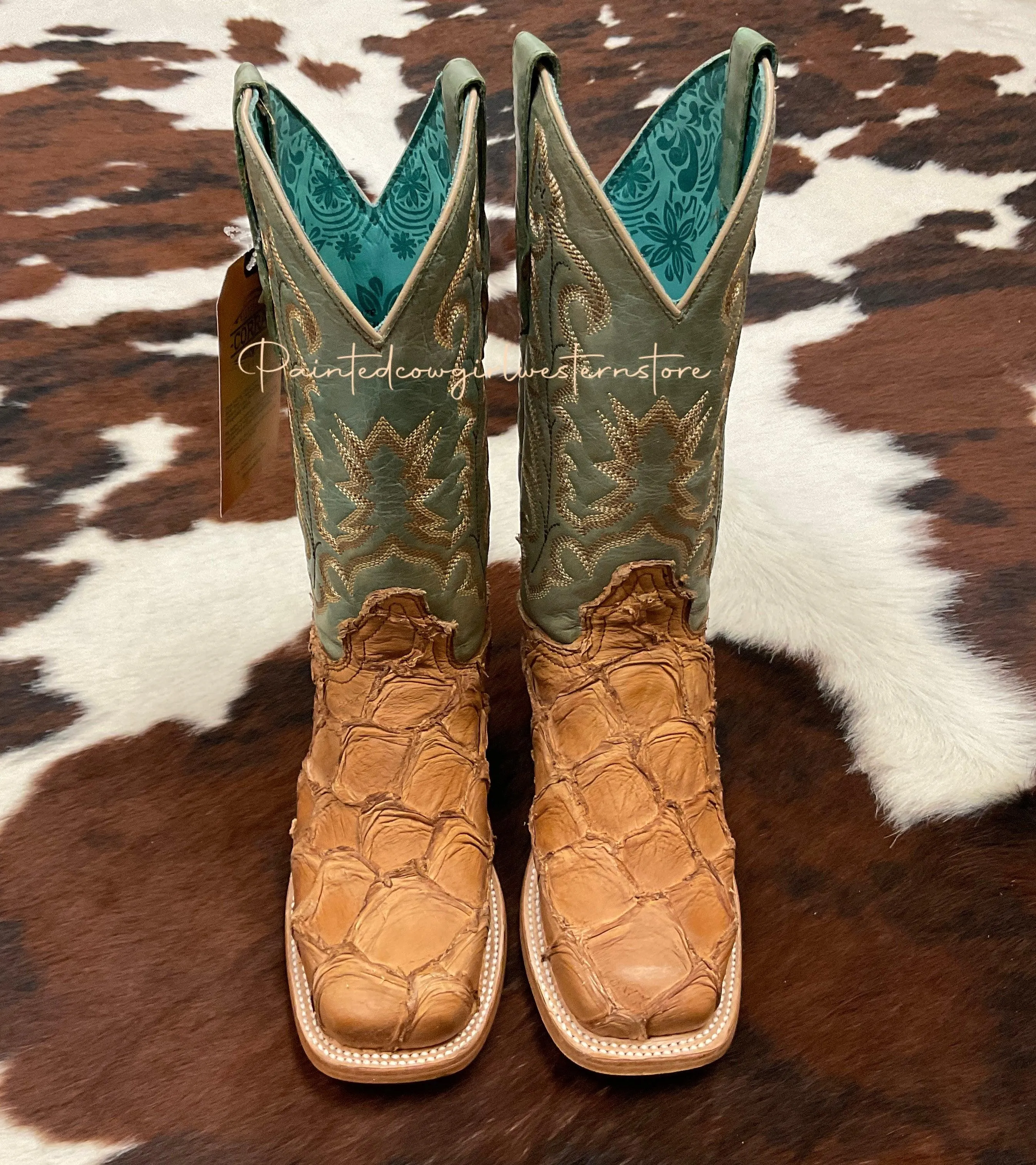 Corral Women's Cognac/Turquoise Fish Pirarucu Big Bass Square Toe Boots A4203