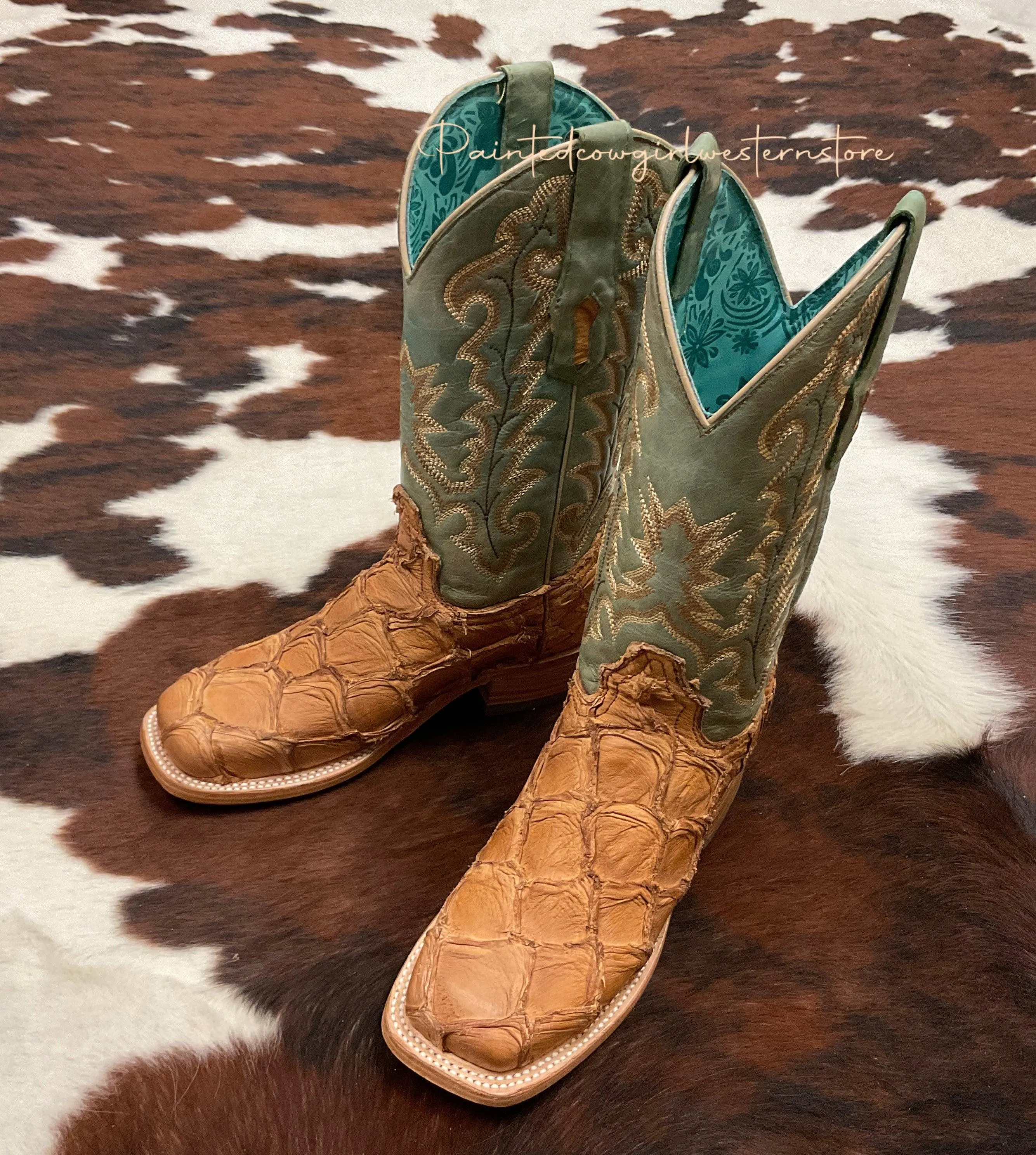 Corral Women's Cognac/Turquoise Fish Pirarucu Big Bass Square Toe Boots A4203