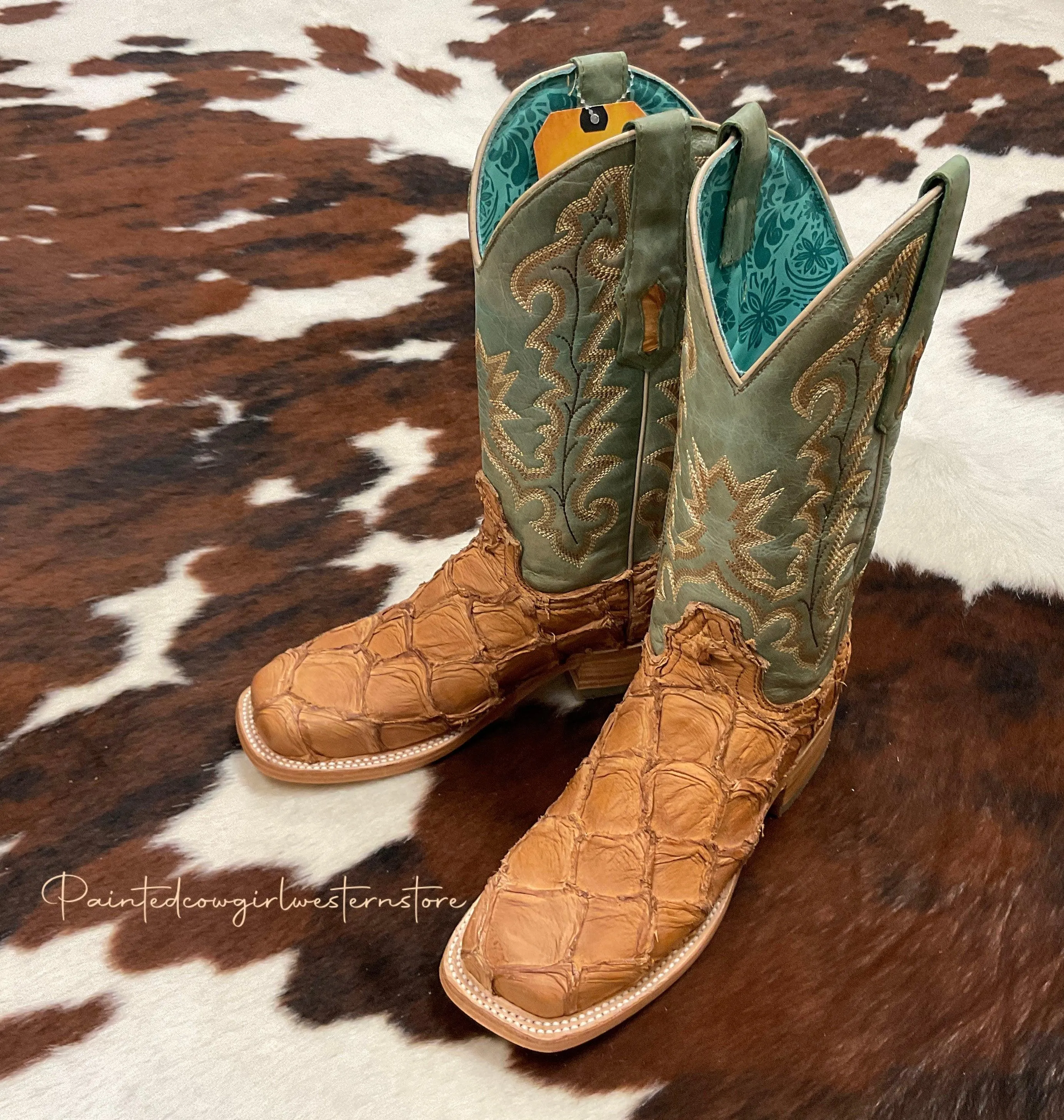 Corral Women's Cognac/Turquoise Fish Pirarucu Big Bass Square Toe Boots A4203