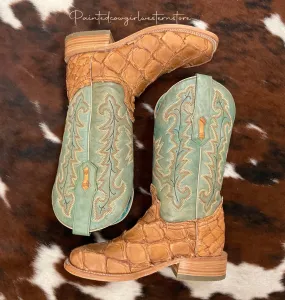 Corral Women's Cognac/Turquoise Fish Pirarucu Big Bass Square Toe Boots A4203