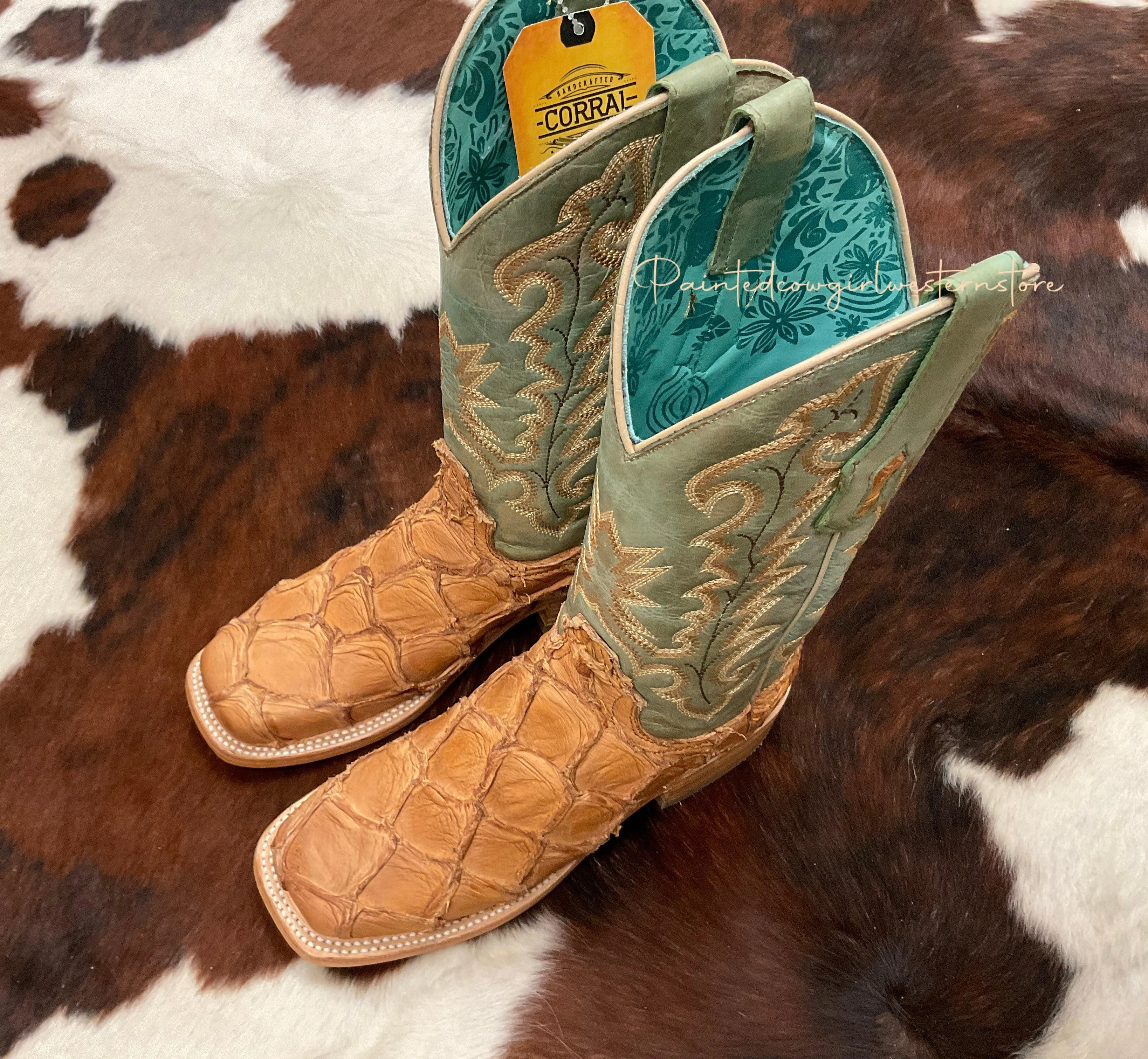 Corral Women's Cognac/Turquoise Fish Pirarucu Big Bass Square Toe Boots A4203