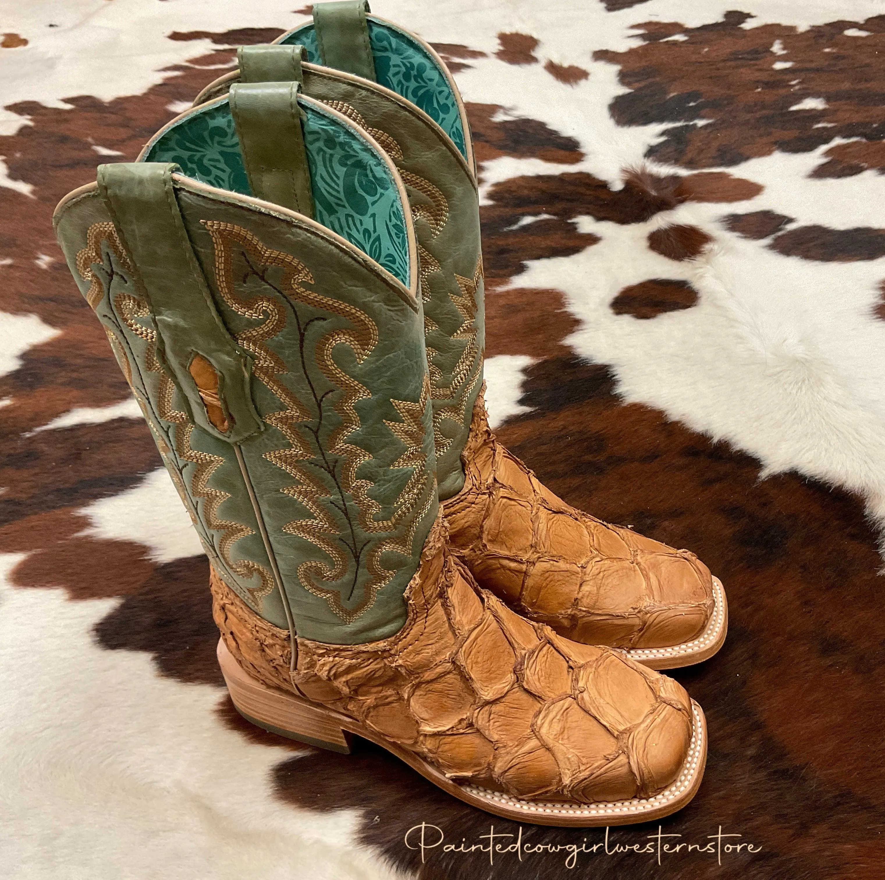 Corral Women's Cognac/Turquoise Fish Pirarucu Big Bass Square Toe Boots A4203