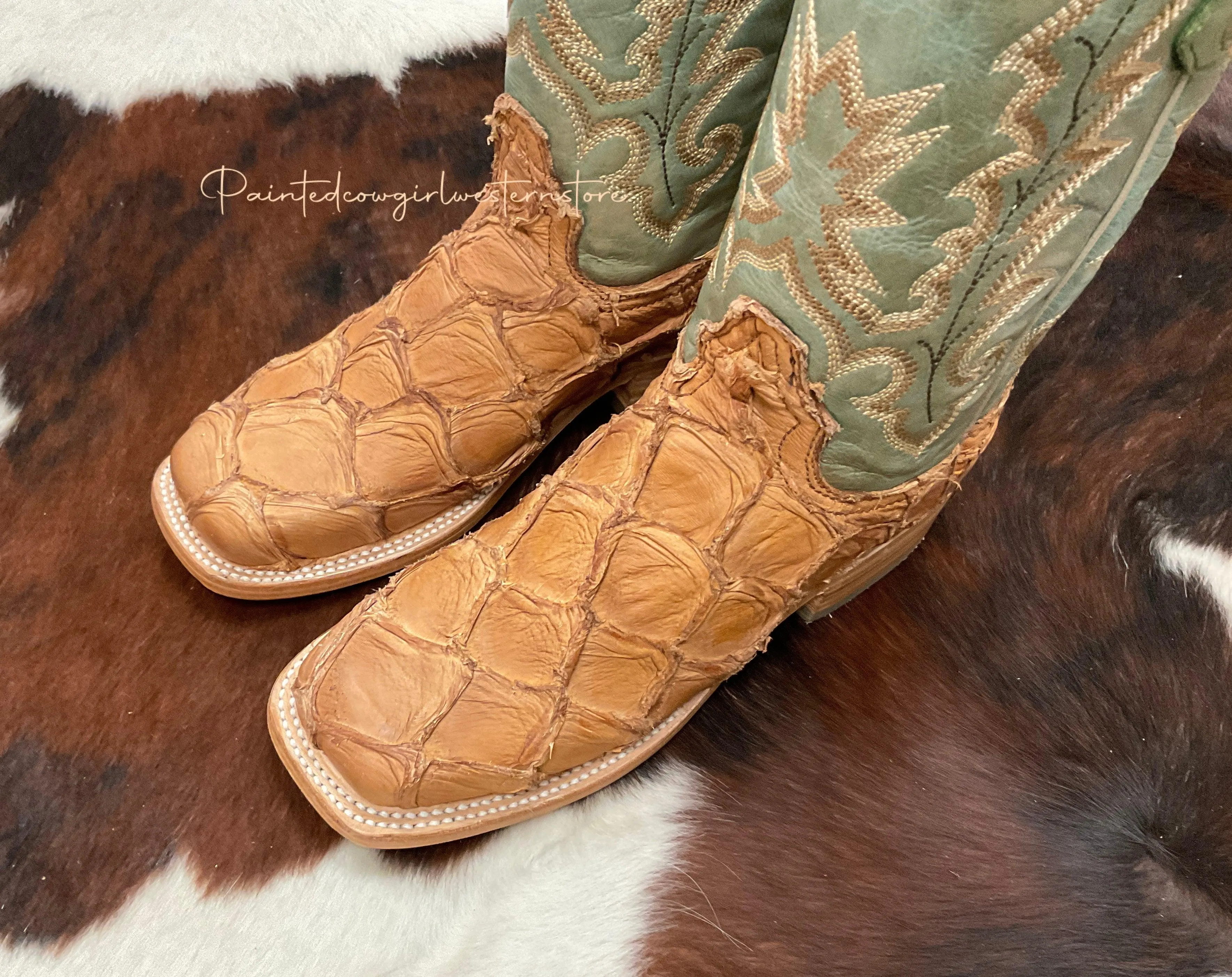 Corral Women's Cognac/Turquoise Fish Pirarucu Big Bass Square Toe Boots A4203