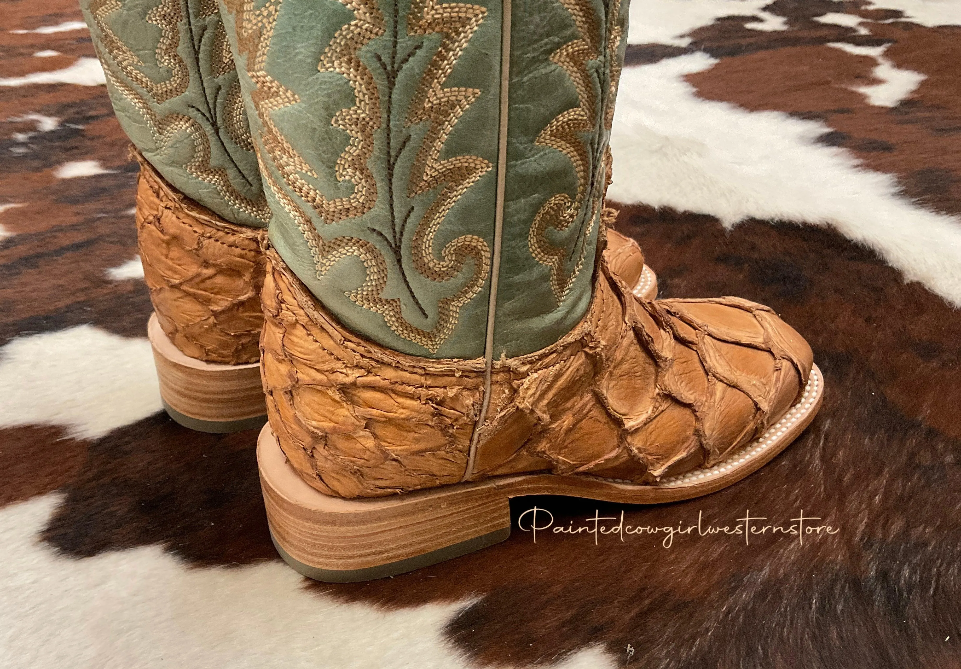 Corral Women's Cognac/Turquoise Fish Pirarucu Big Bass Square Toe Boots A4203