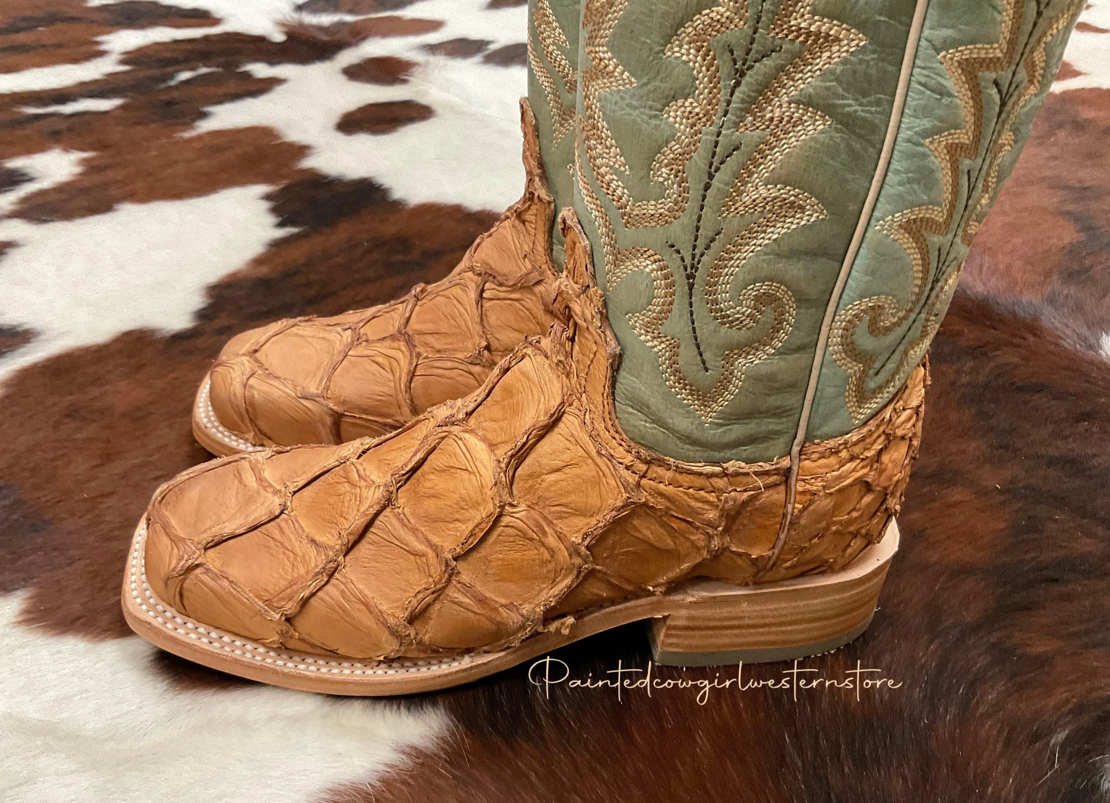 Corral Women's Cognac/Turquoise Fish Pirarucu Big Bass Square Toe Boots A4203