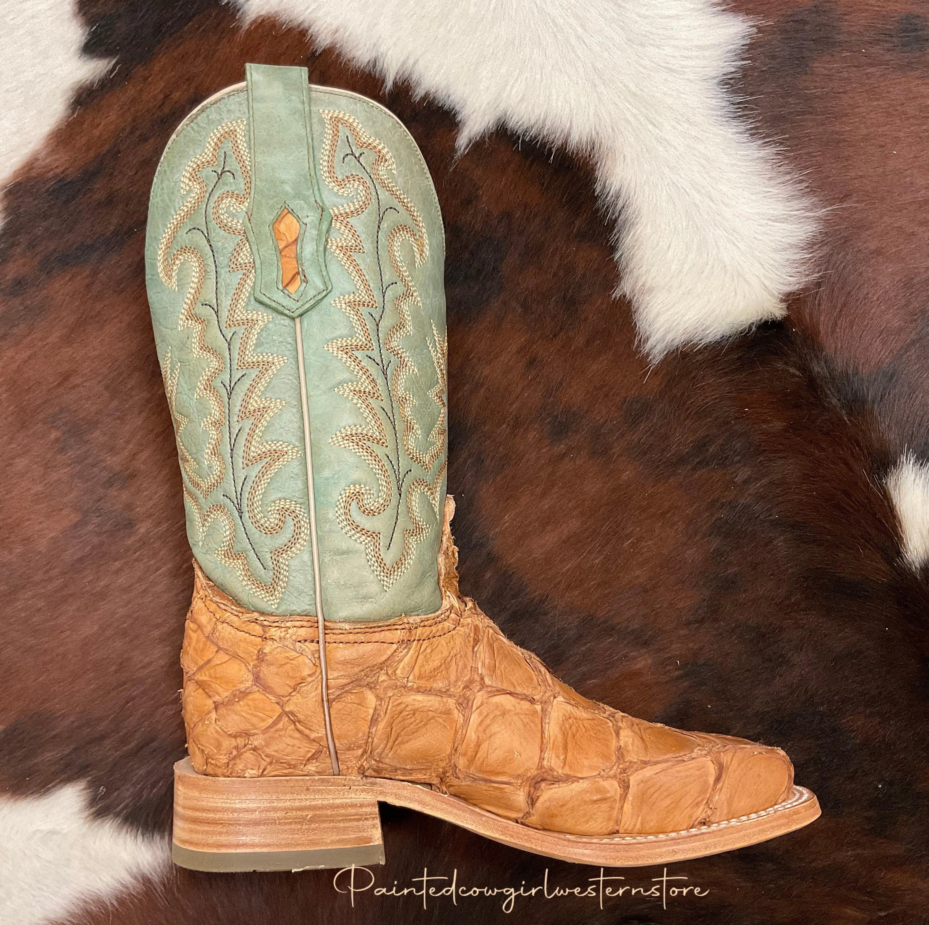 Corral Women's Cognac/Turquoise Fish Pirarucu Big Bass Square Toe Boots A4203