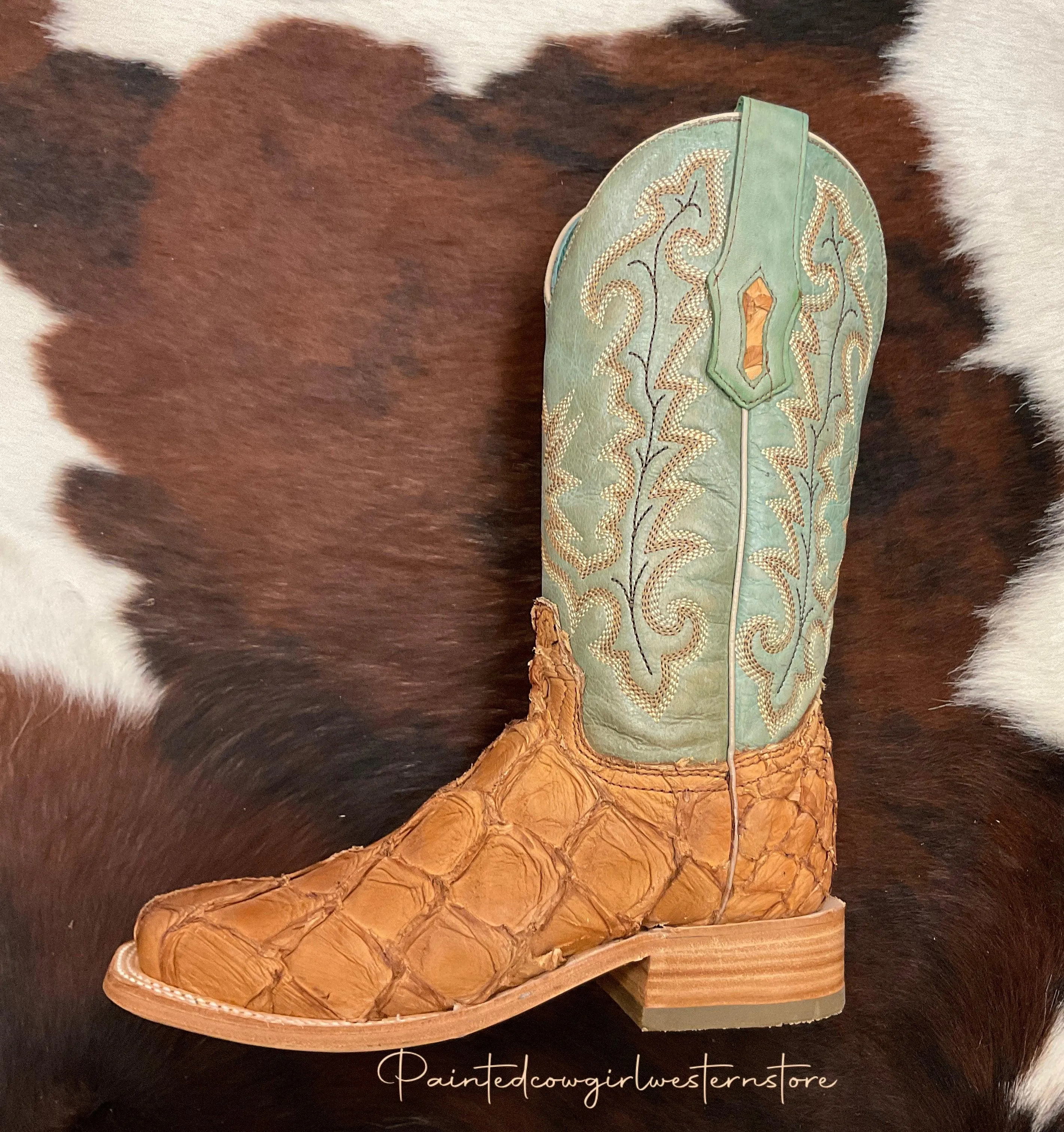 Corral Women's Cognac/Turquoise Fish Pirarucu Big Bass Square Toe Boots A4203