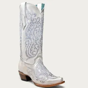 Corral Women's White Embroidery & Crystals Snip Toe Western Boot