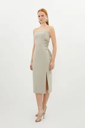 Corseted Tie Side Detail Tailored Bandeau Midi Dress | Karen Millen