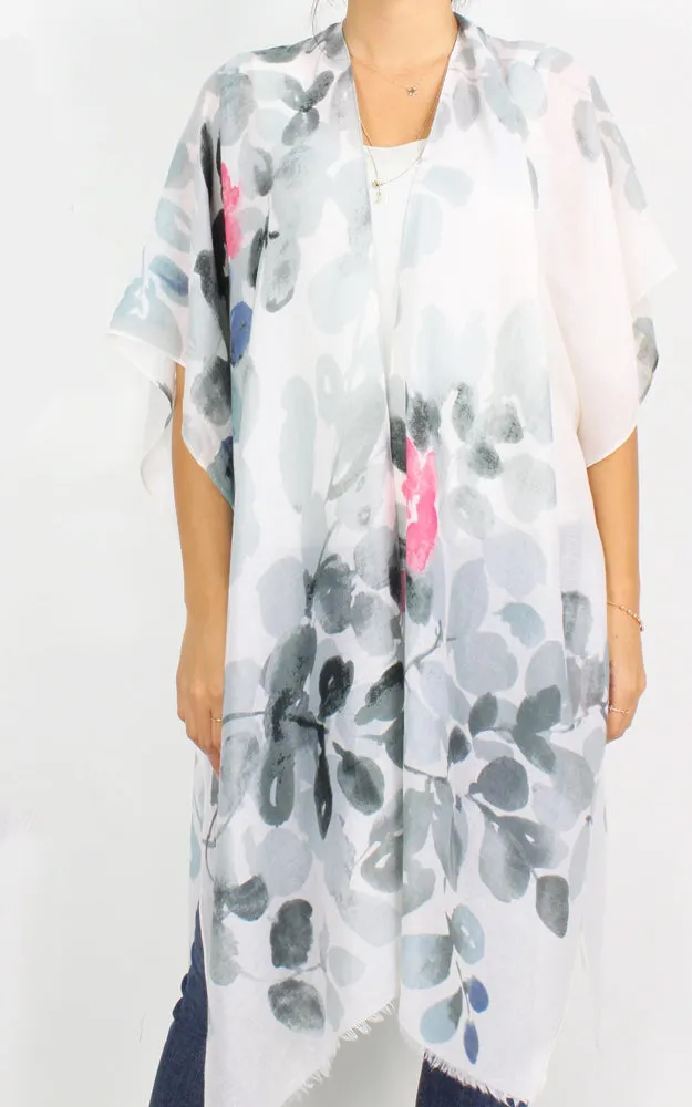 EAV9964 Leaf Print Kimono Scarf Cover Up