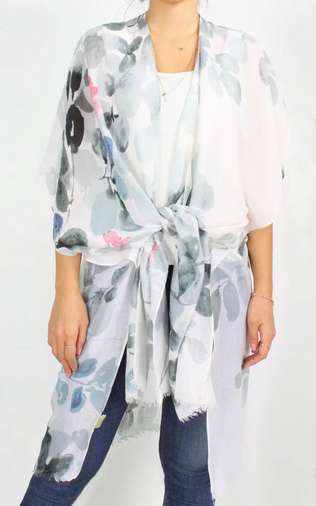 EAV9964 Leaf Print Kimono Scarf Cover Up