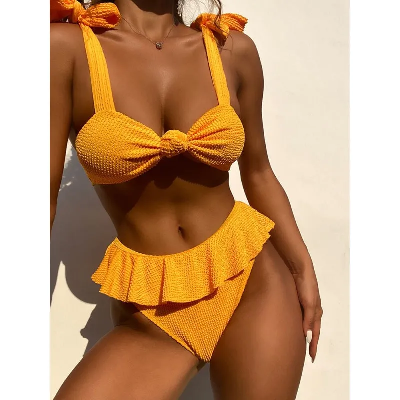 Floral Lace Padded Wirefree Low Waist Bathing Suit Bikini Set with Ruffles