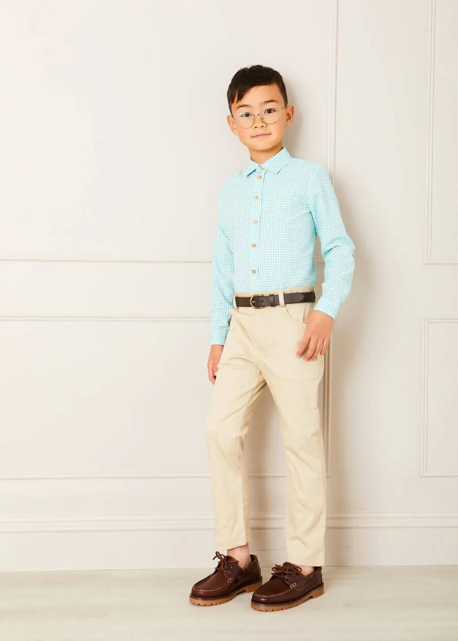 Gingham Polo Collar Long Sleeve Shirt in Green (3-10yrs)