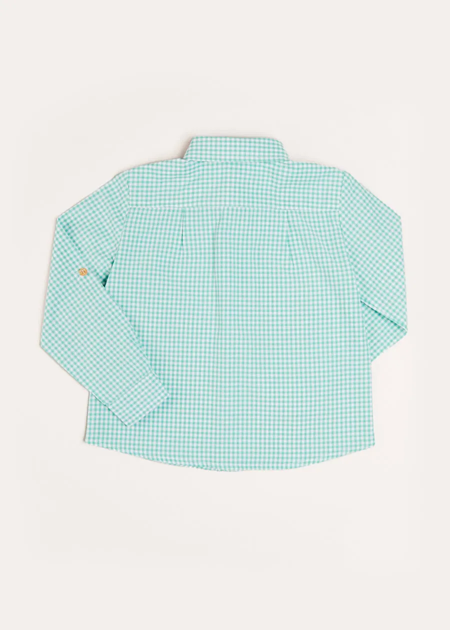 Gingham Polo Collar Long Sleeve Shirt in Green (3-10yrs)