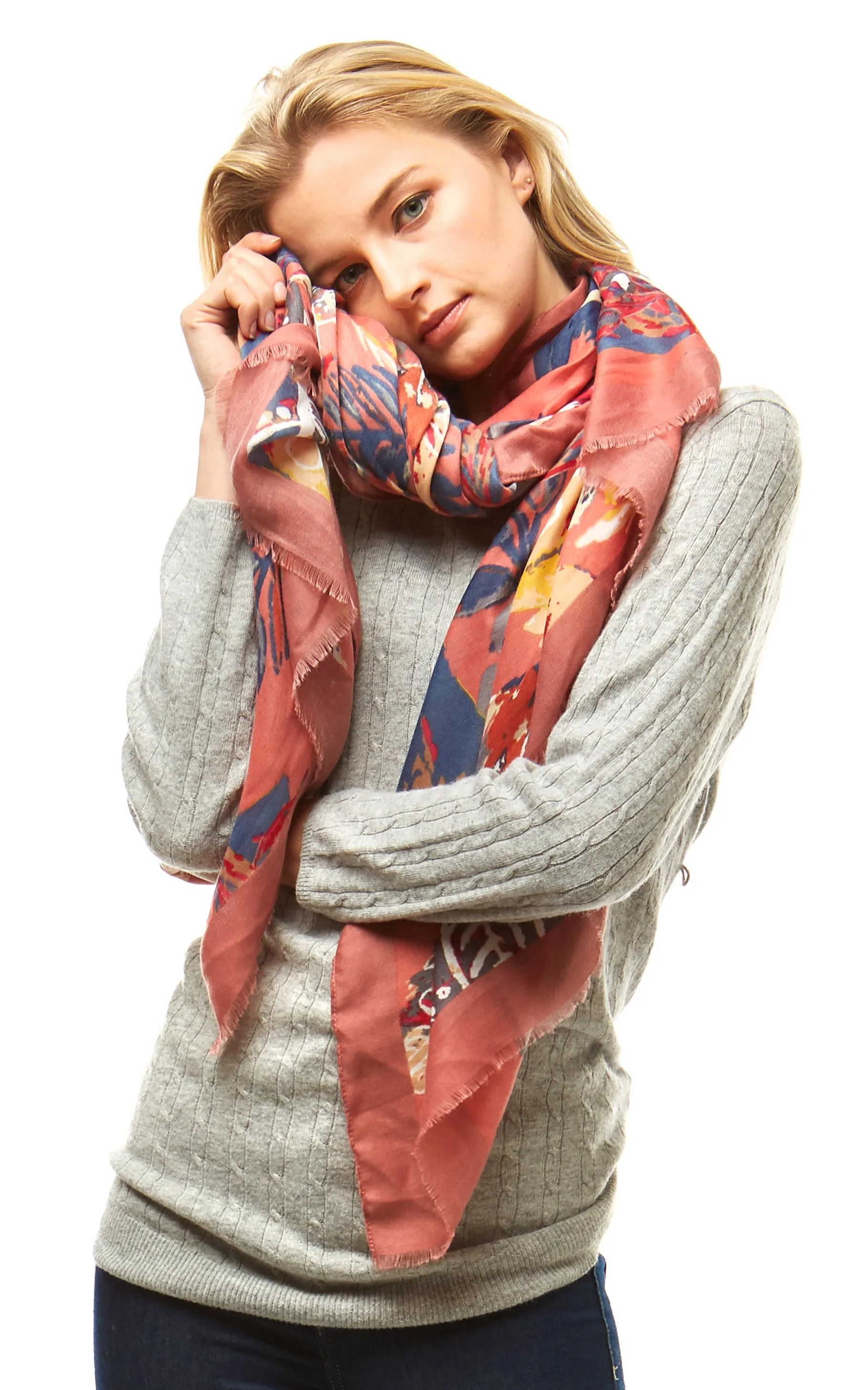 LOF977 Multi Color Leaves Print Oblong Scarf