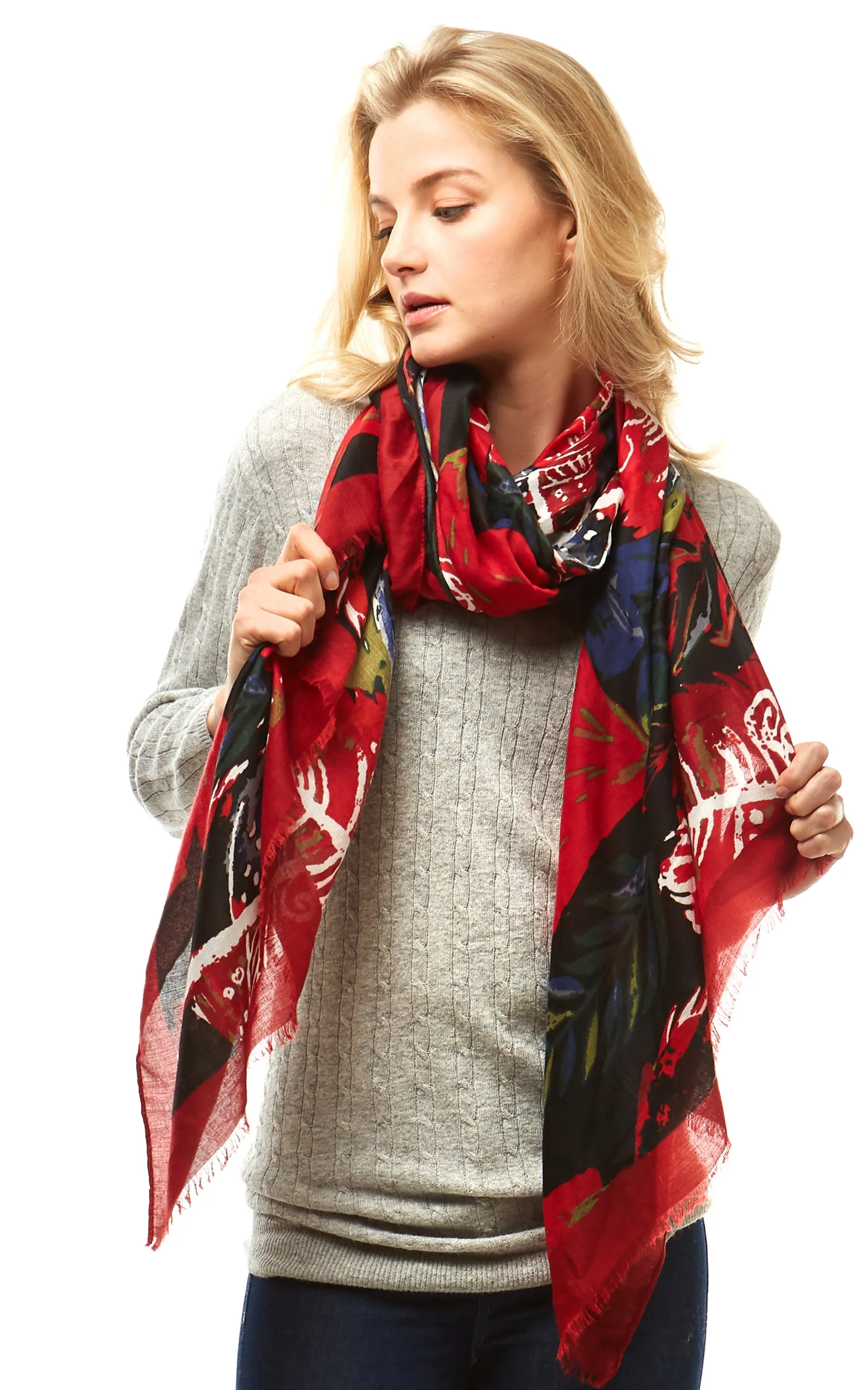 LOF977 Multi Color Leaves Print Oblong Scarf