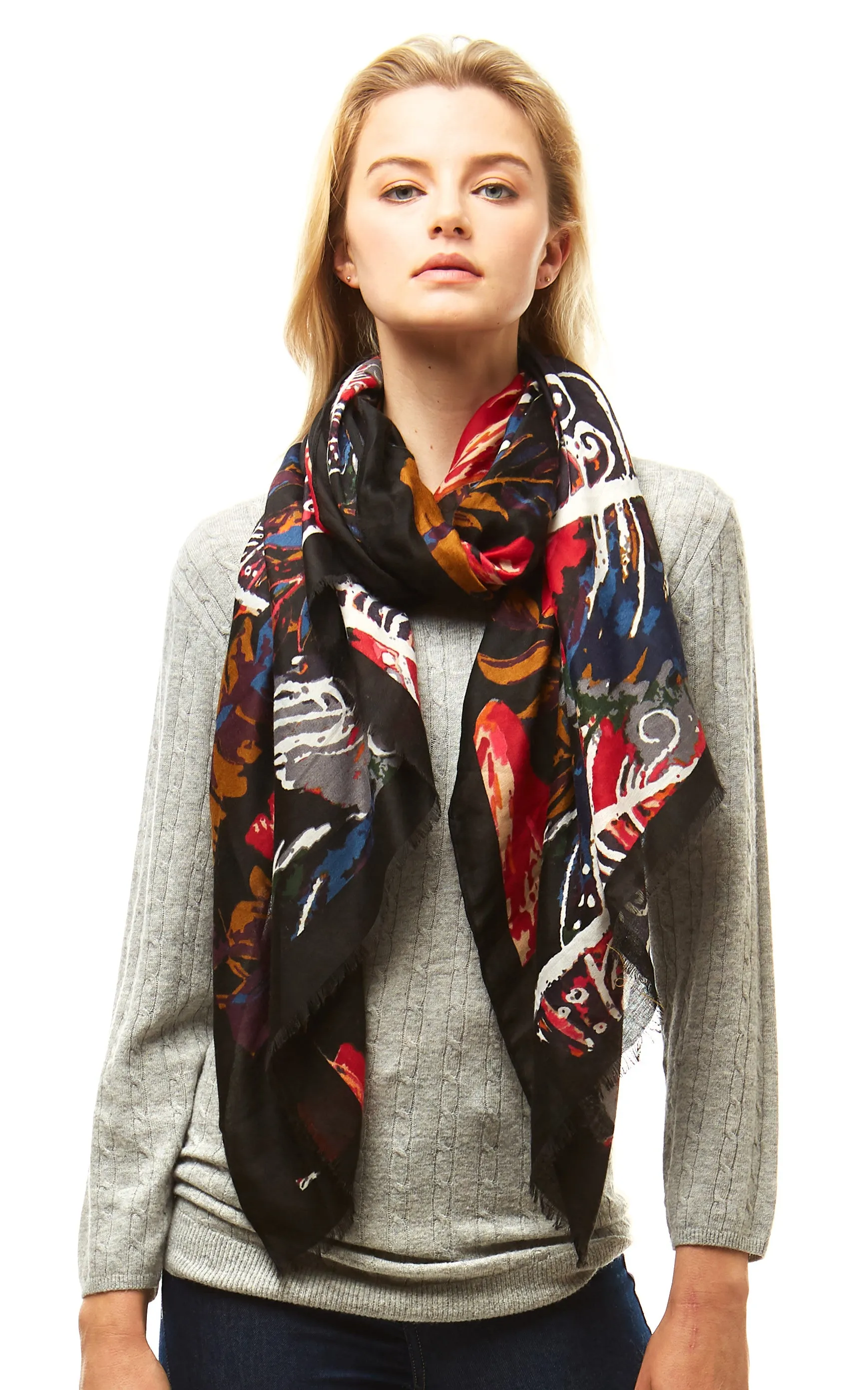 LOF977 Multi Color Leaves Print Oblong Scarf