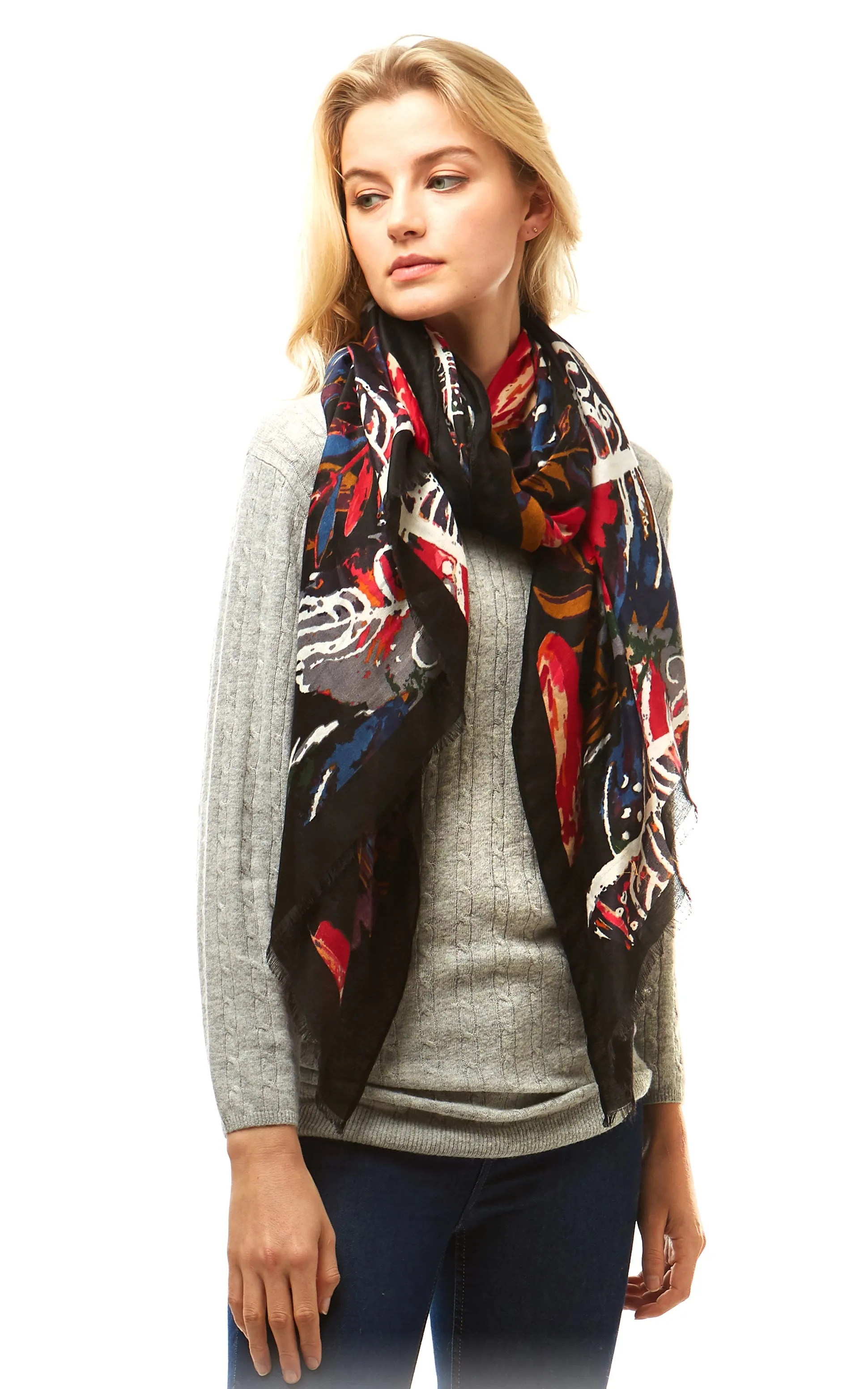 LOF977 Multi Color Leaves Print Oblong Scarf