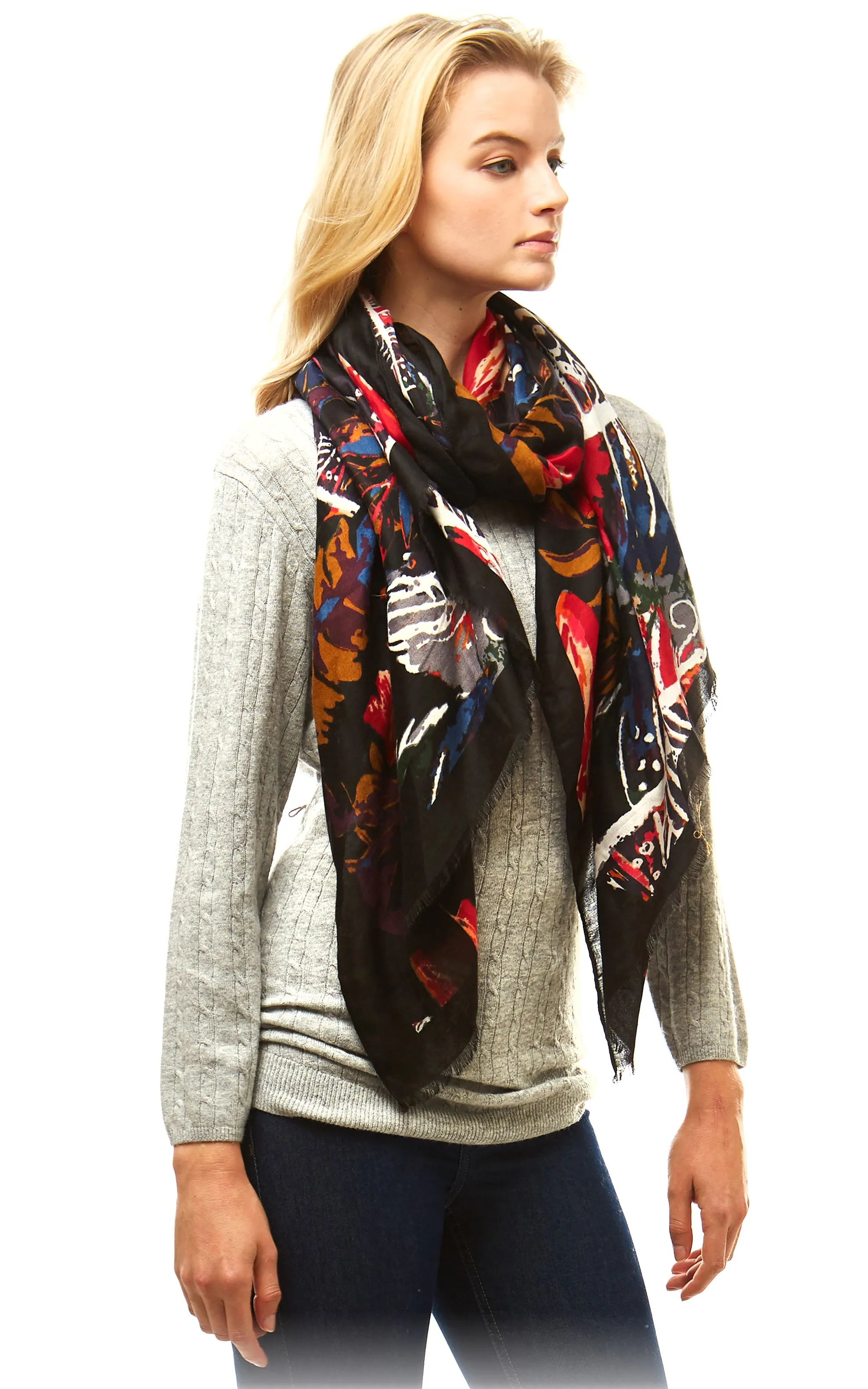 LOF977 Multi Color Leaves Print Oblong Scarf