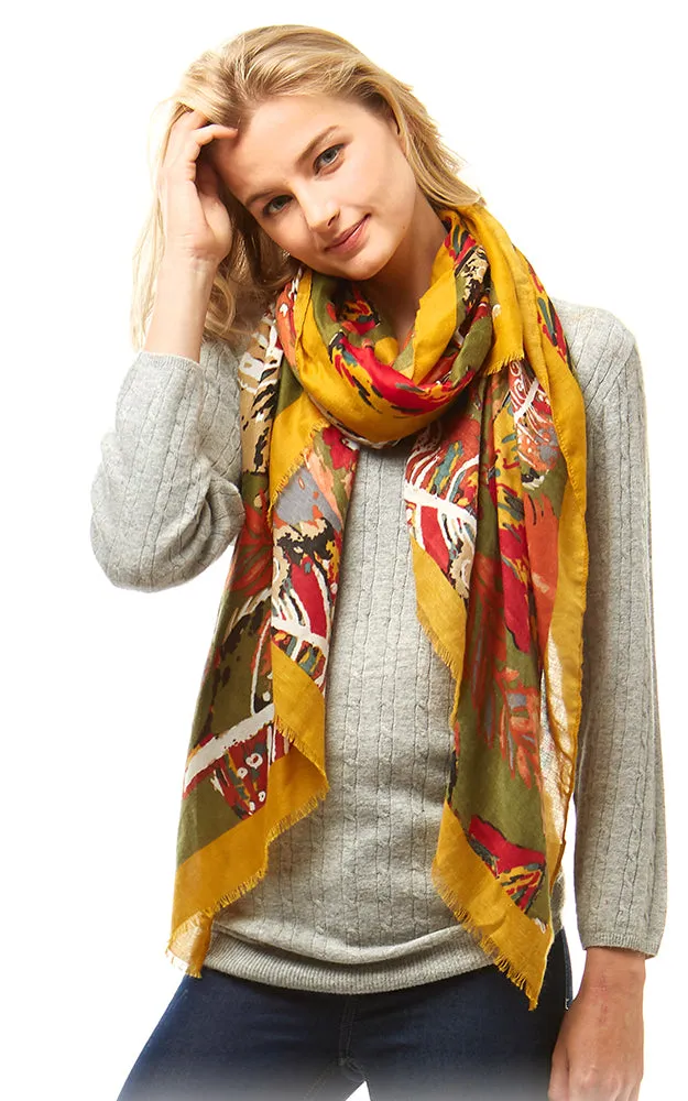 LOF977 Multi Color Leaves Print Oblong Scarf