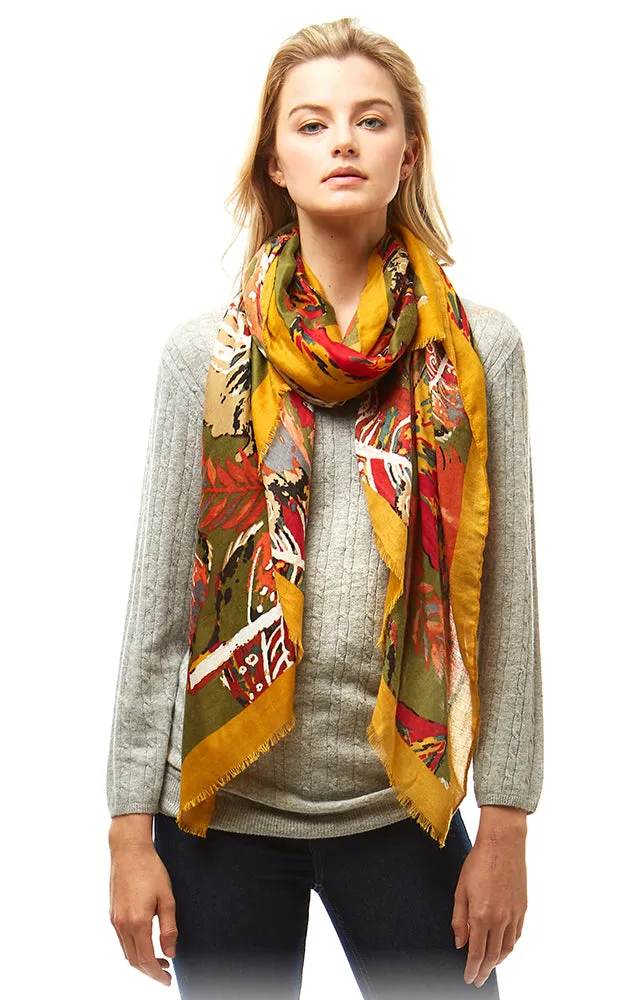 LOF977 Multi Color Leaves Print Oblong Scarf