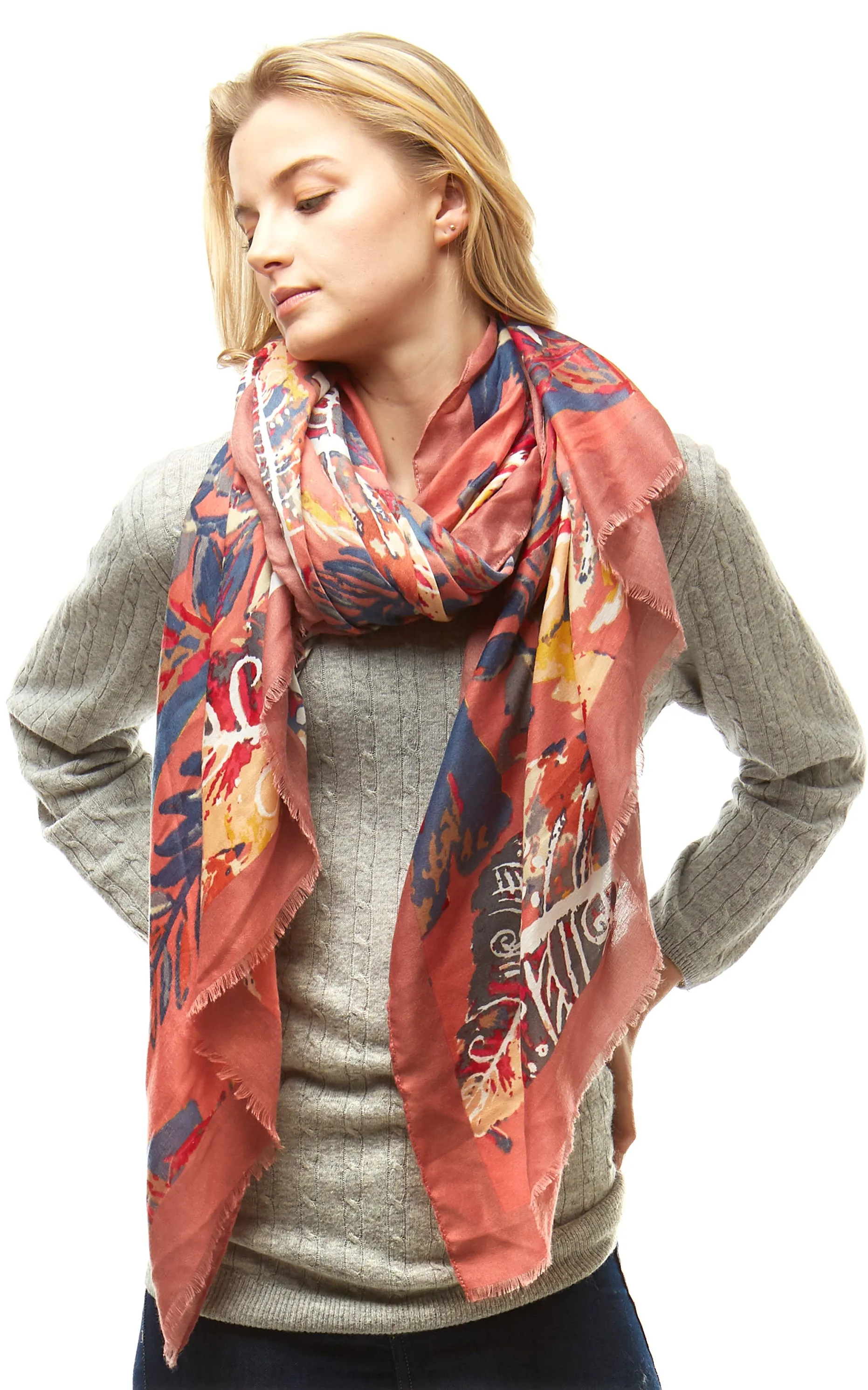 LOF977 Multi Color Leaves Print Oblong Scarf