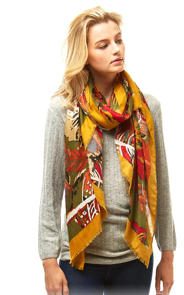 LOF977 Multi Color Leaves Print Oblong Scarf