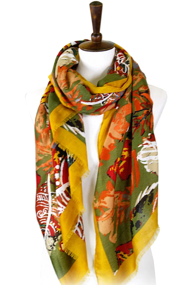 LOF977 Multi Color Leaves Print Oblong Scarf