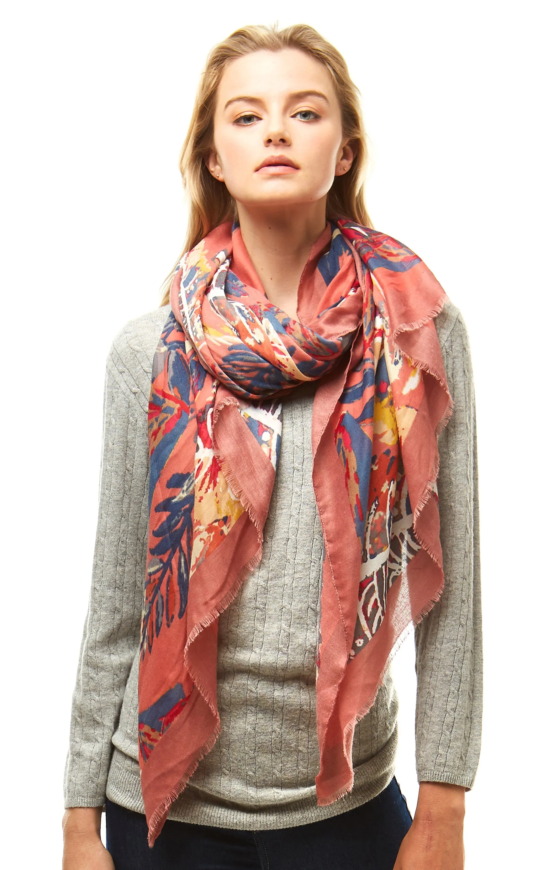 LOF977 Multi Color Leaves Print Oblong Scarf