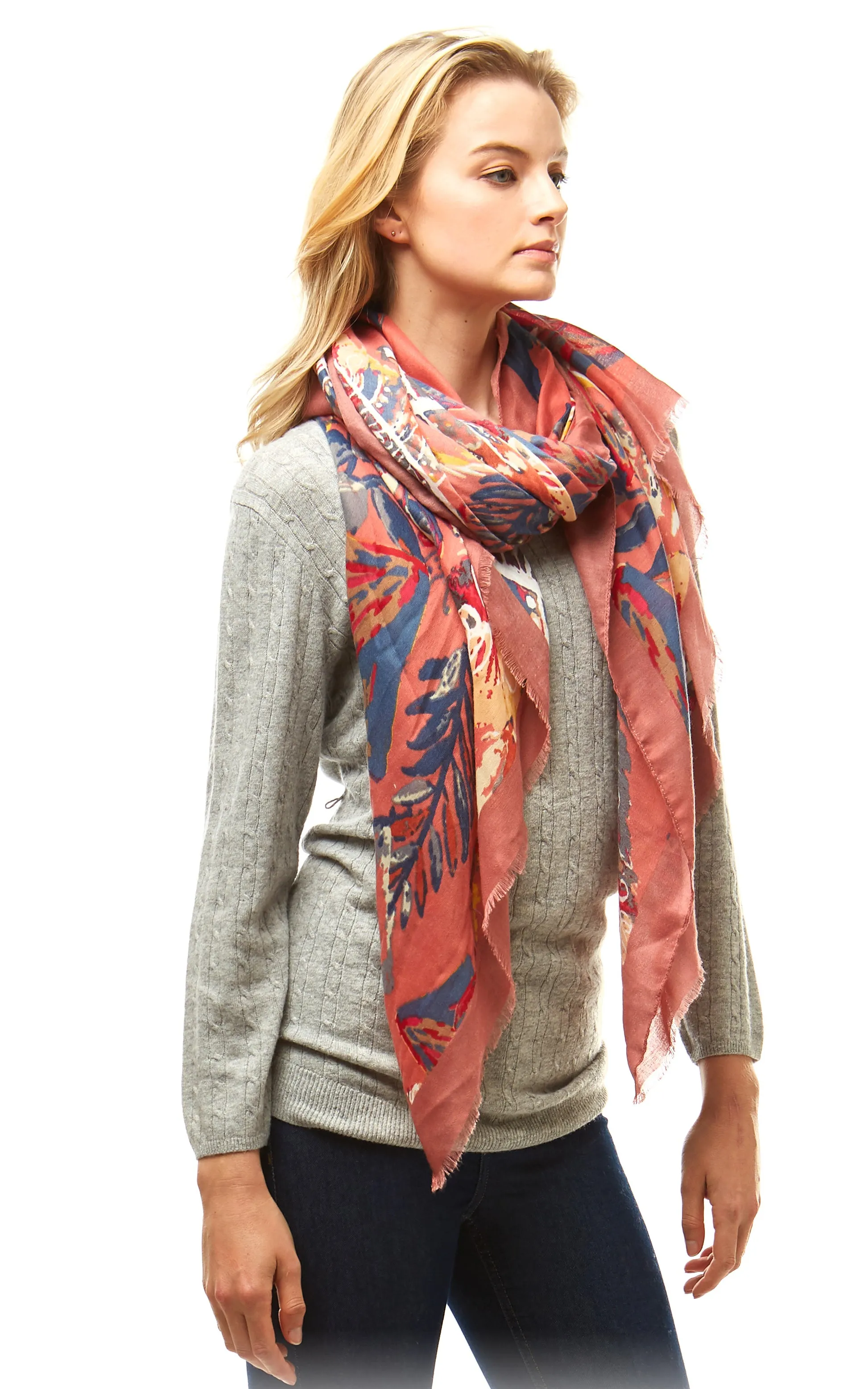 LOF977 Multi Color Leaves Print Oblong Scarf