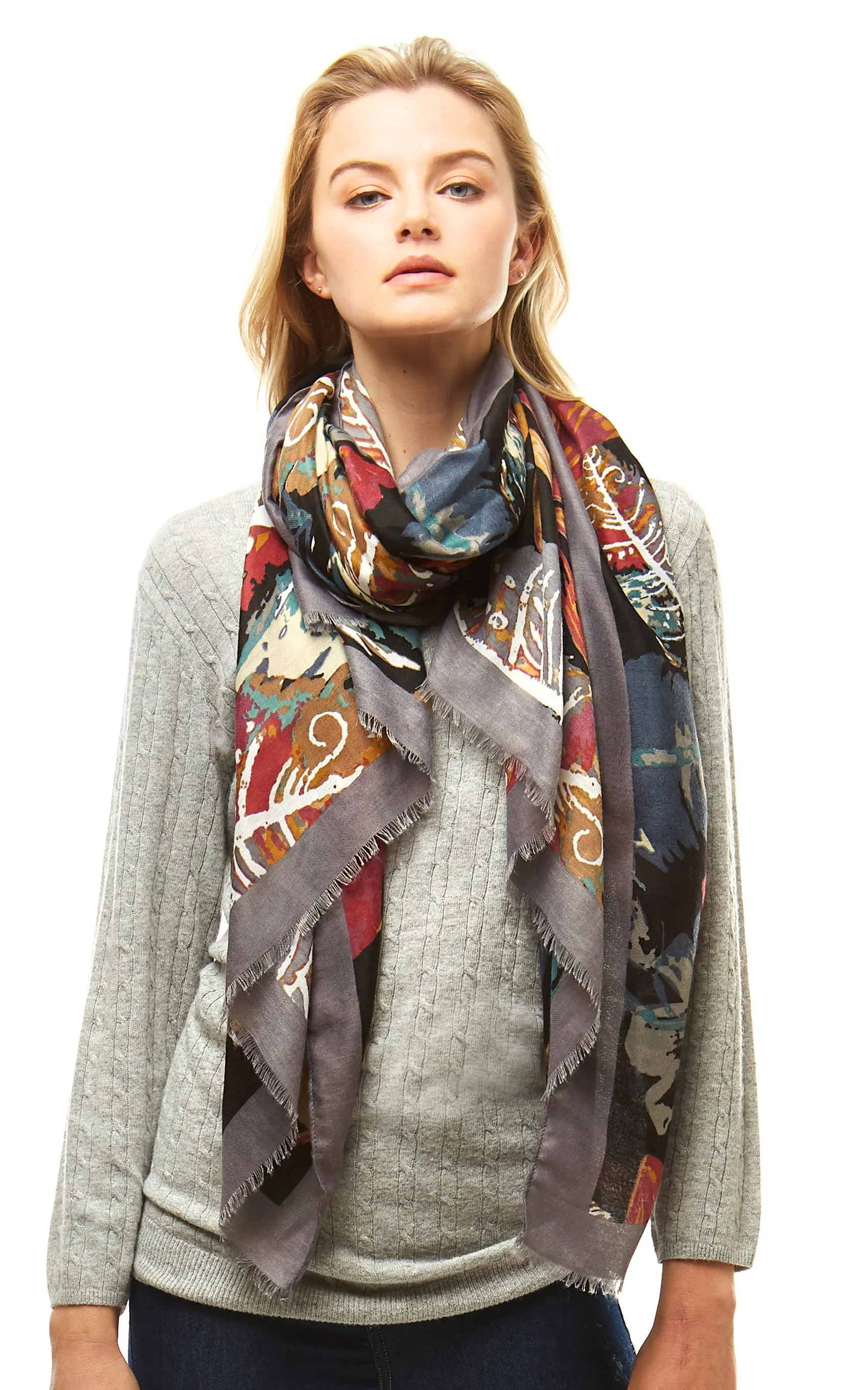 LOF977 Multi Color Leaves Print Oblong Scarf