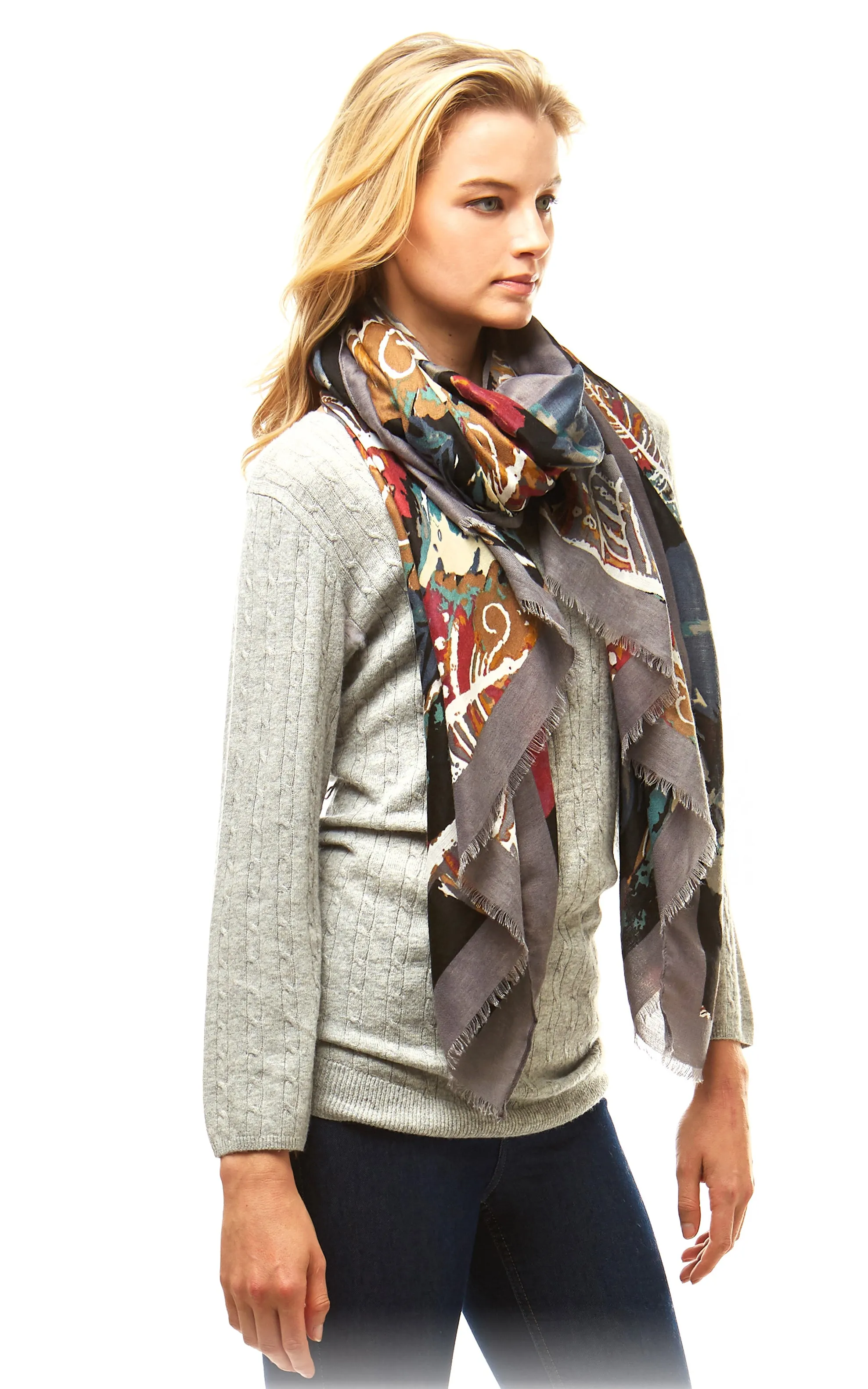 LOF977 Multi Color Leaves Print Oblong Scarf