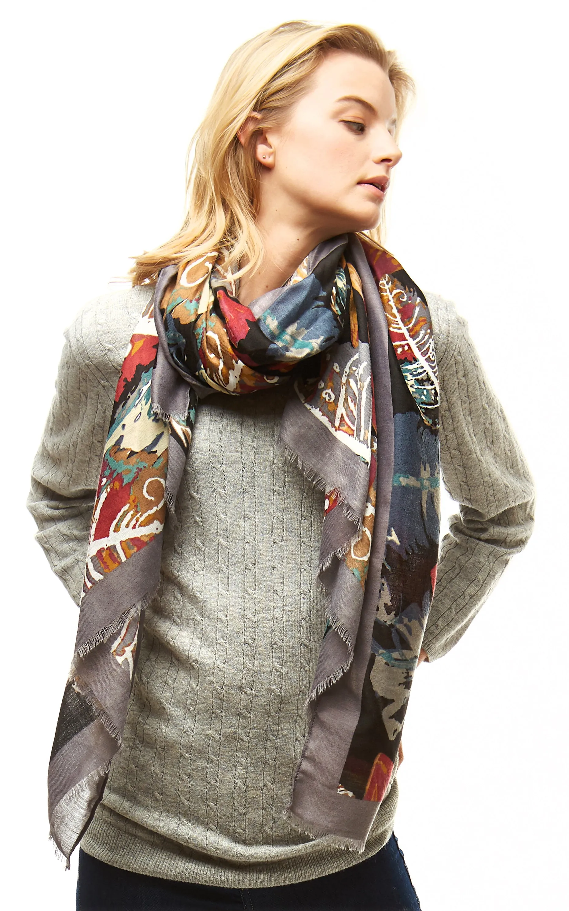 LOF977 Multi Color Leaves Print Oblong Scarf