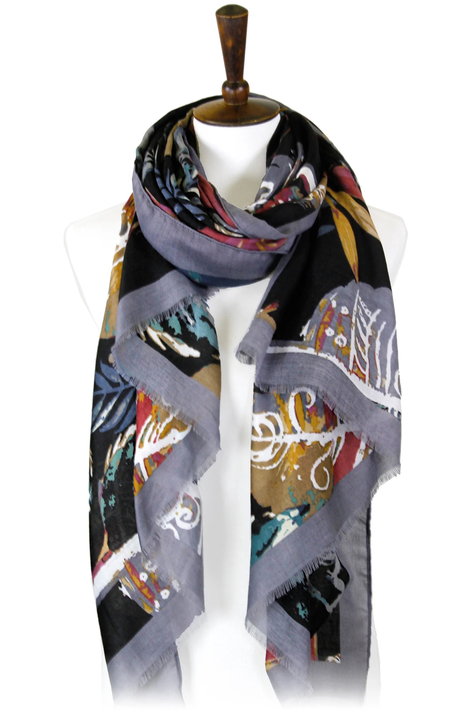 LOF977 Multi Color Leaves Print Oblong Scarf