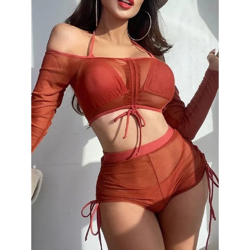 Long Sleeve Shirt Wirefree Bra and Highwaist Bottom Three-Piece Beachwear Set