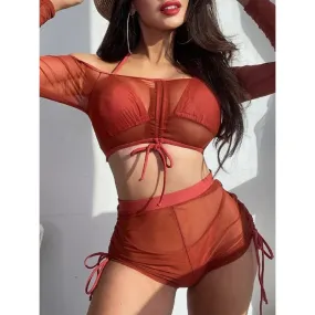 Long Sleeve Shirt Wirefree Bra and Highwaist Bottom Three-Piece Beachwear Set